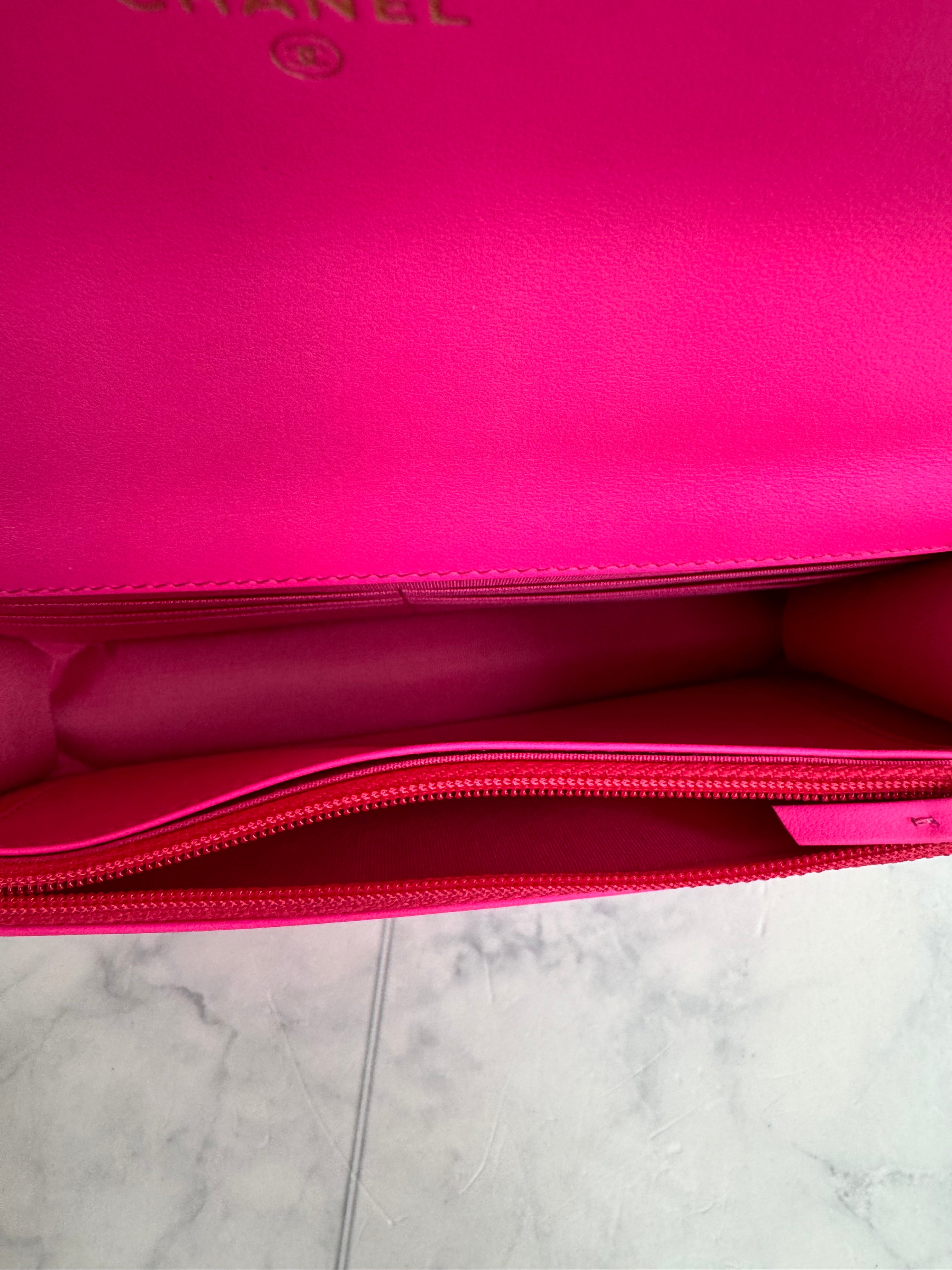 LIKE NEW - Chanel Neon Pink Quilted Jersey Chanel 19 Wallet On A Chain