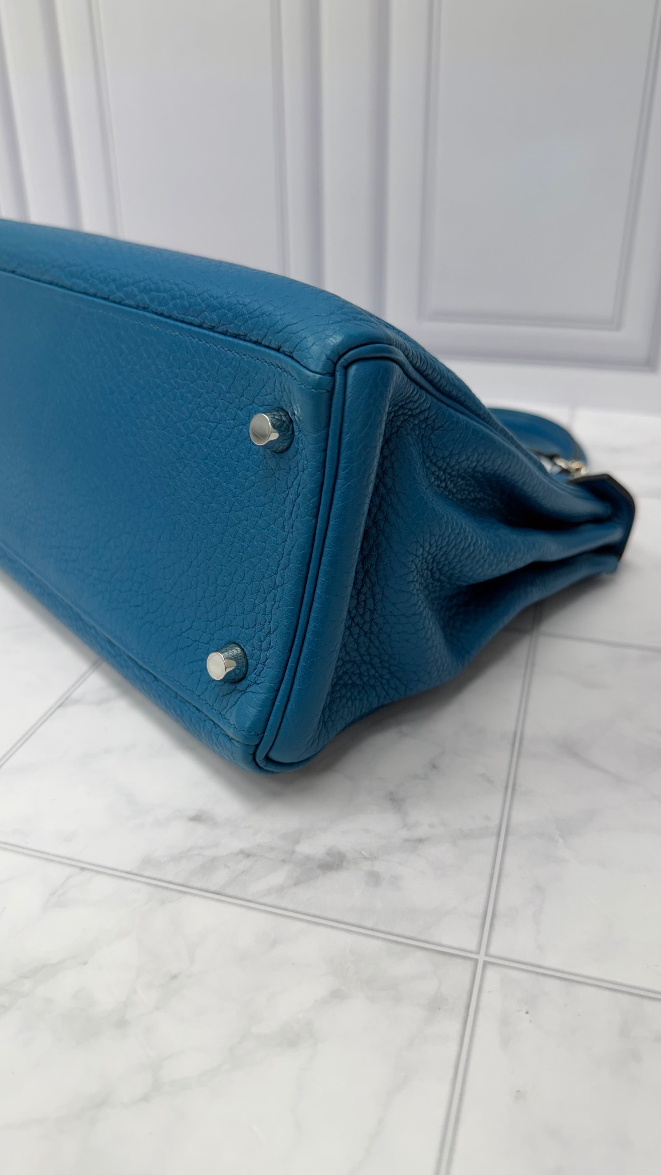 *DONS PRE DROP* Hermes Blue Taurillon Clemence Leather Kelly 28 Handbag