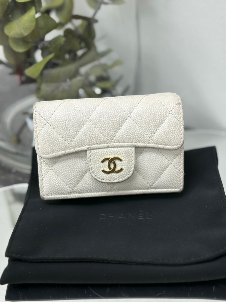 Chanel White Quilted Caviar Leather Trifold Compact Wallet