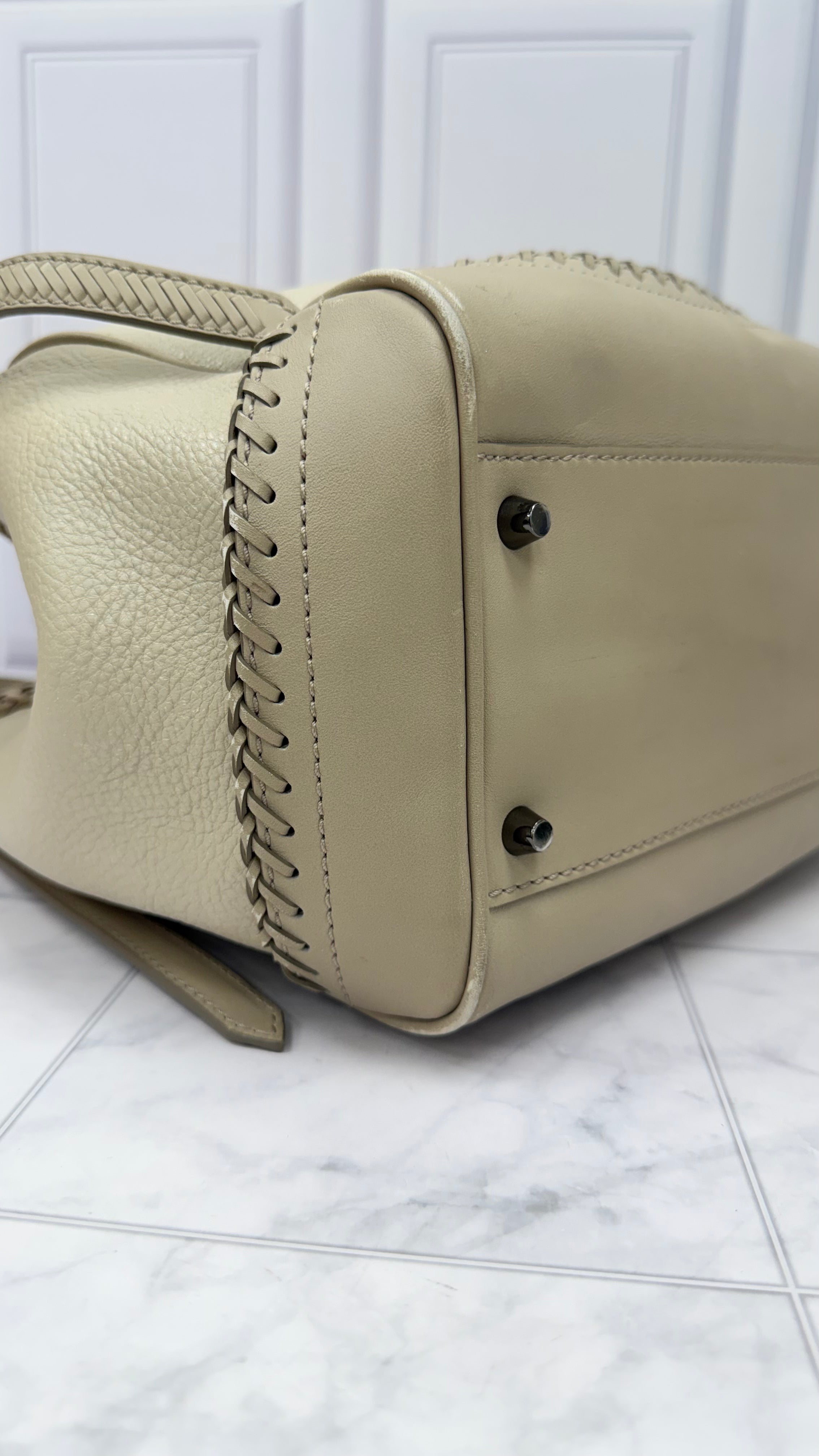 Burberry Beige Leather Woven Trim Tote Bag