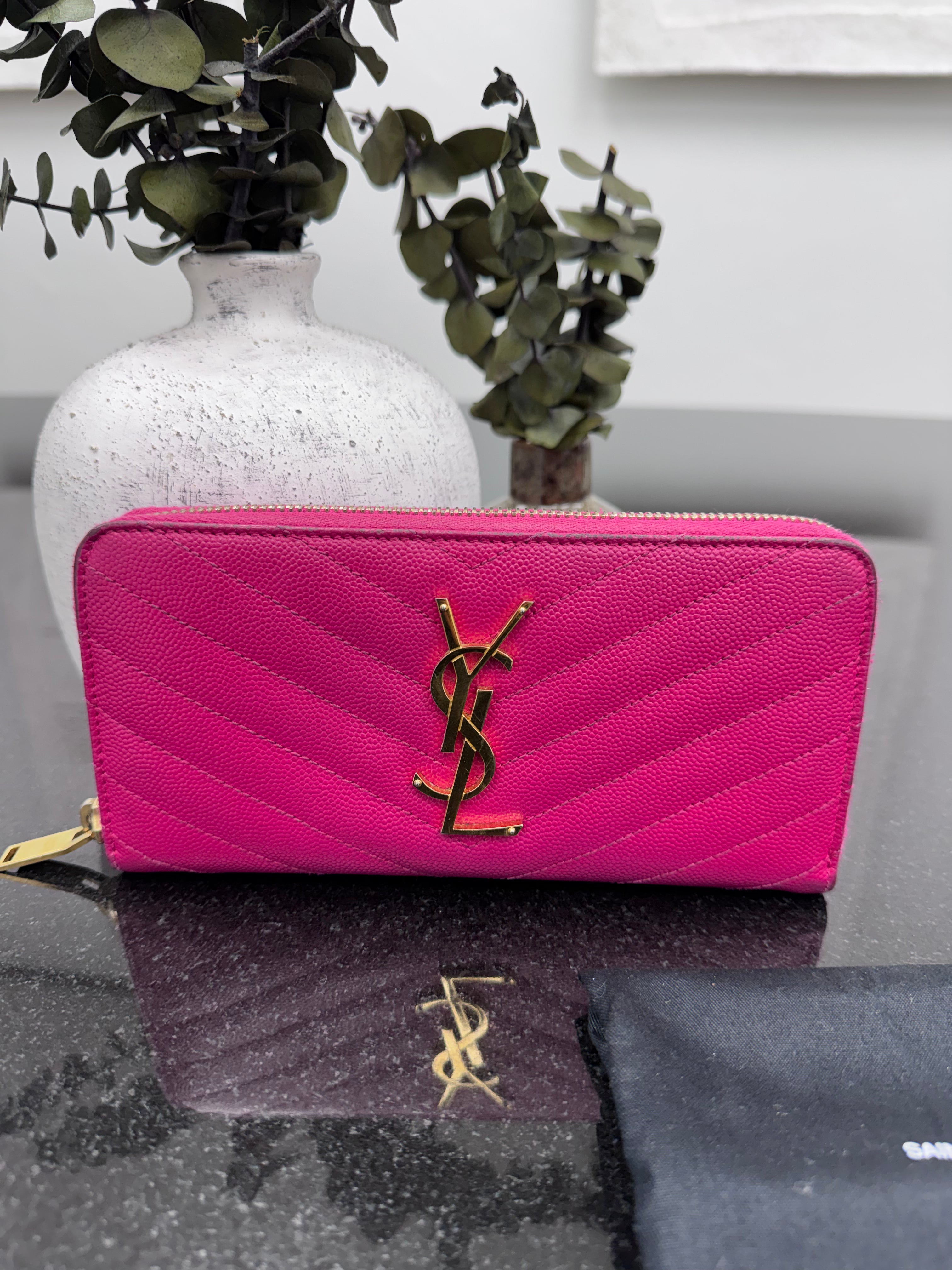 Saint Laurent YSL Pink Quilted Caviar Leather Zippy Wallet