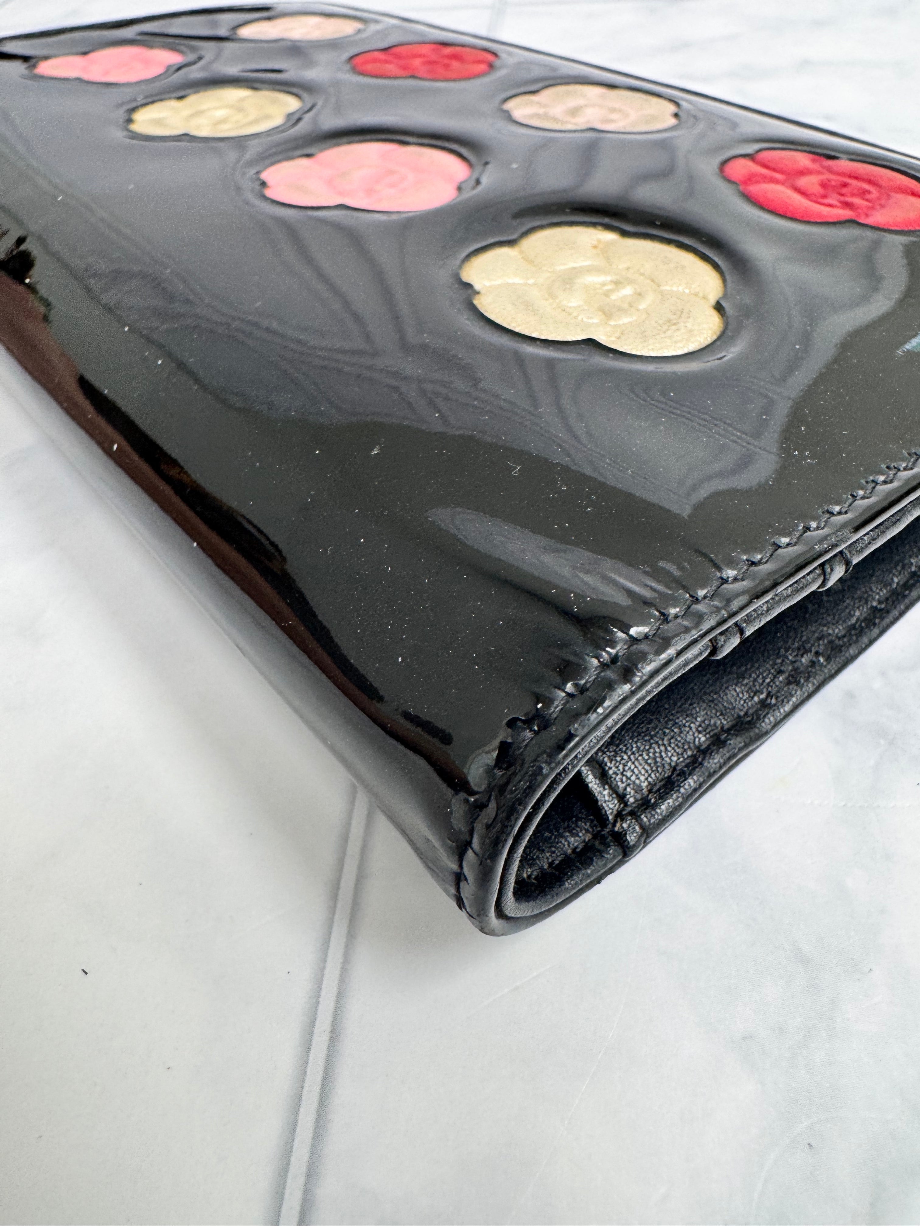 Chanel Black Patent Leather Camelia Flower Long Wallet