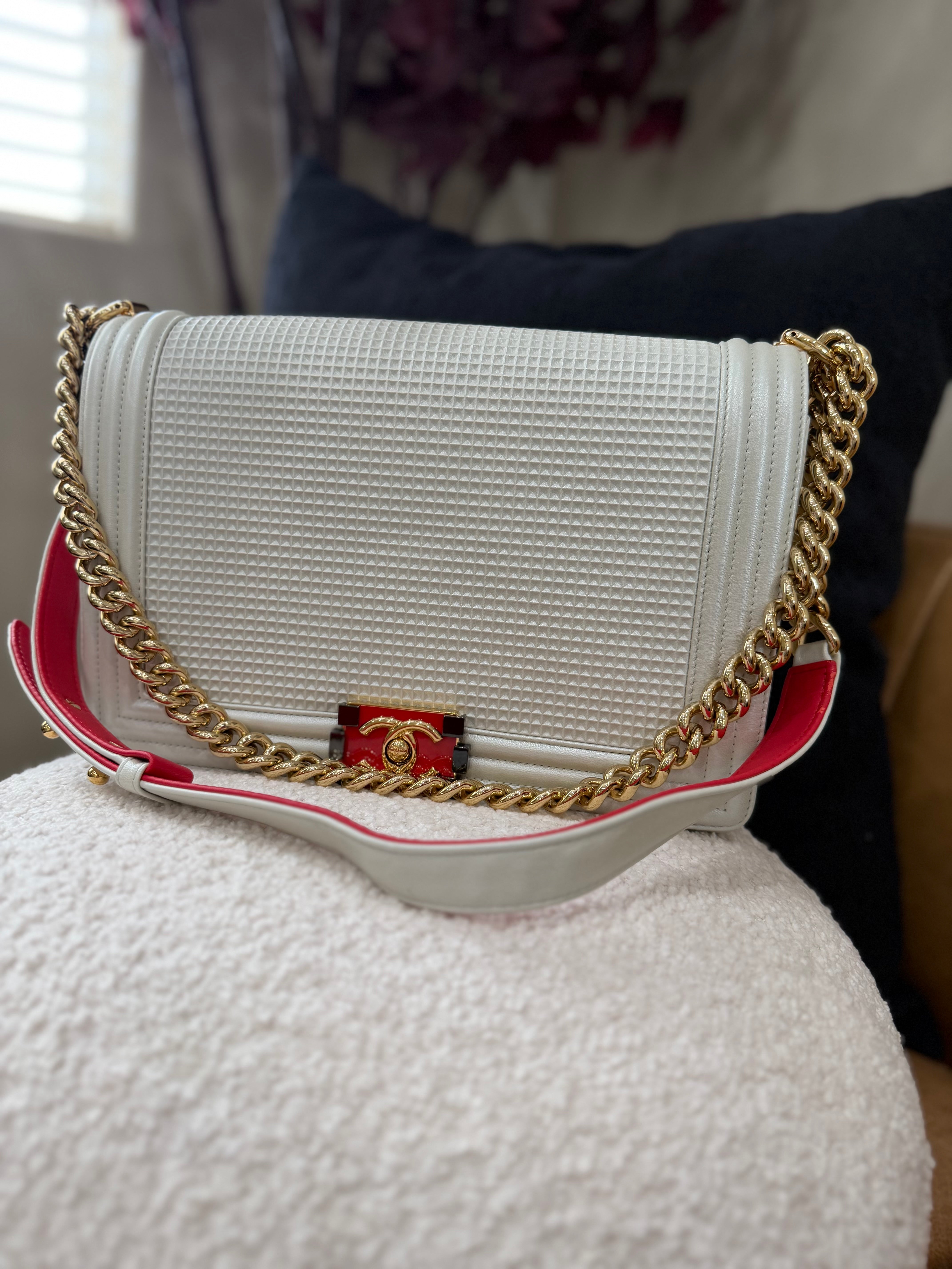Chanel White Calfskin Cube Embossed Medium Boy Bag