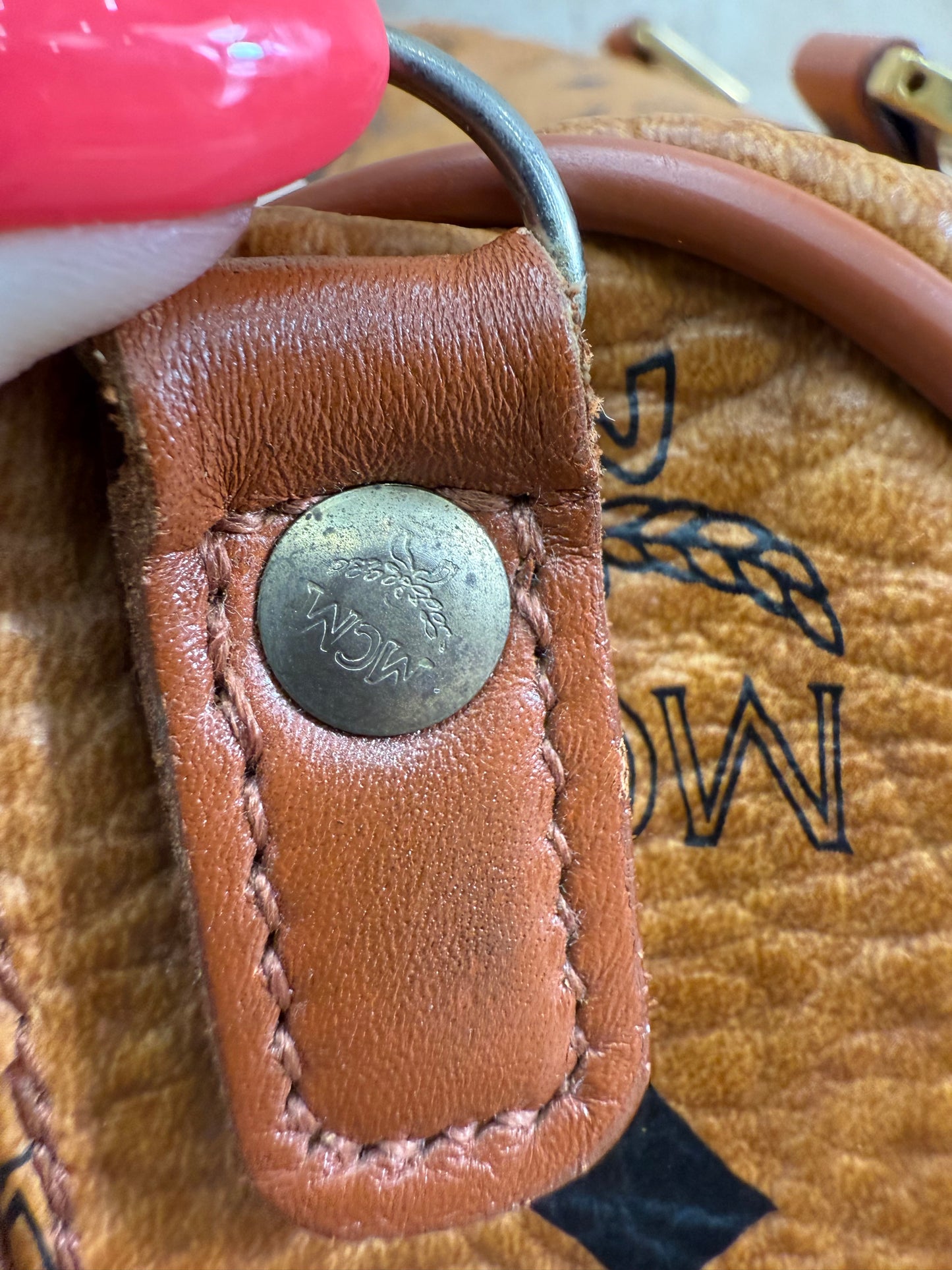 MCM Cognac Leather Visetos Boston Bag