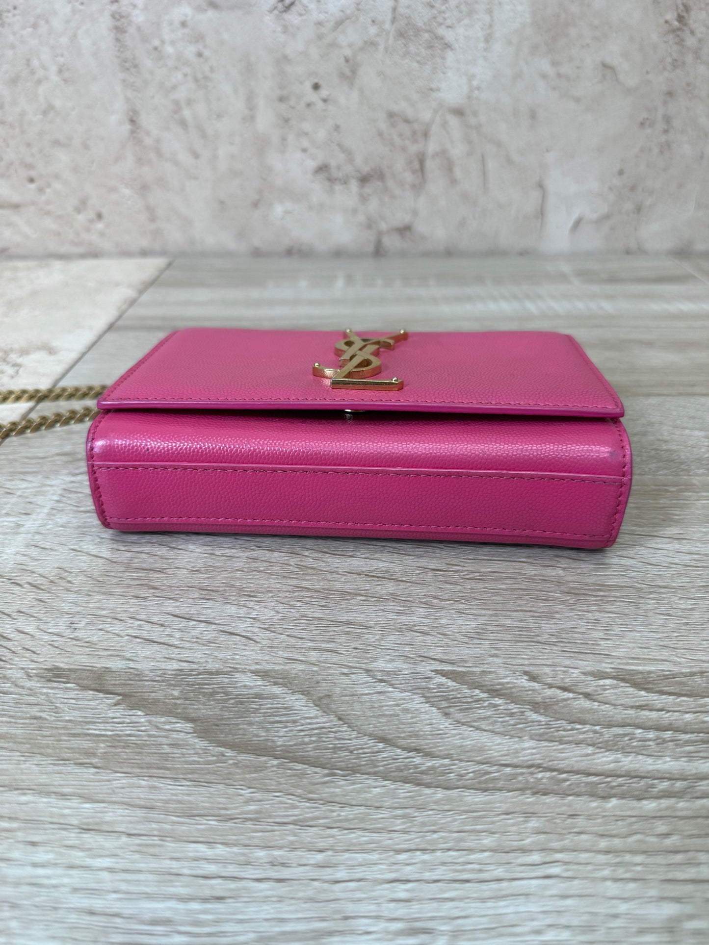 Saint Laurent YSL Hot Pink Pebbled Leather Kate Crossbody Bag