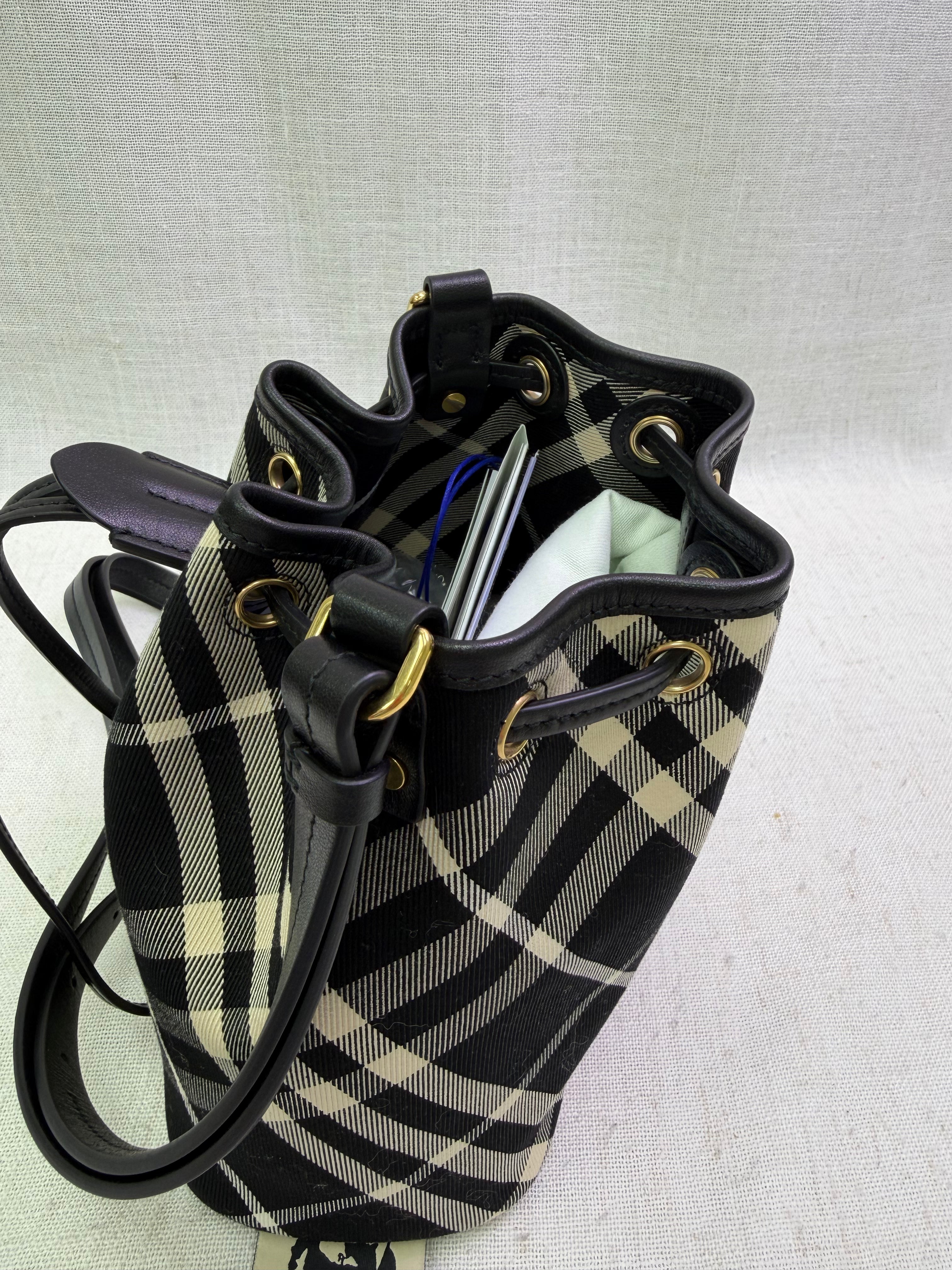 LIKE NEW Burberry Black & White Check Canvas Bucket Bag