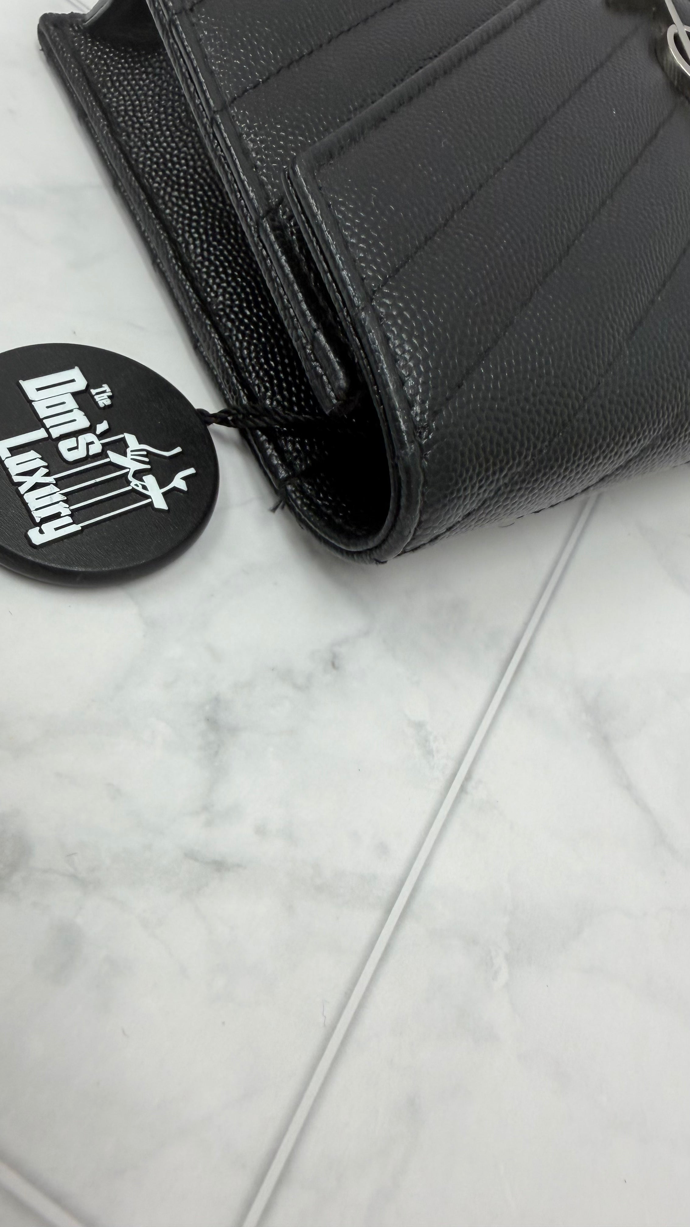 *DON DROP* Saint Laurent YSL Black Pebbled Leather Cassandre Envelope Wallet on a Chain