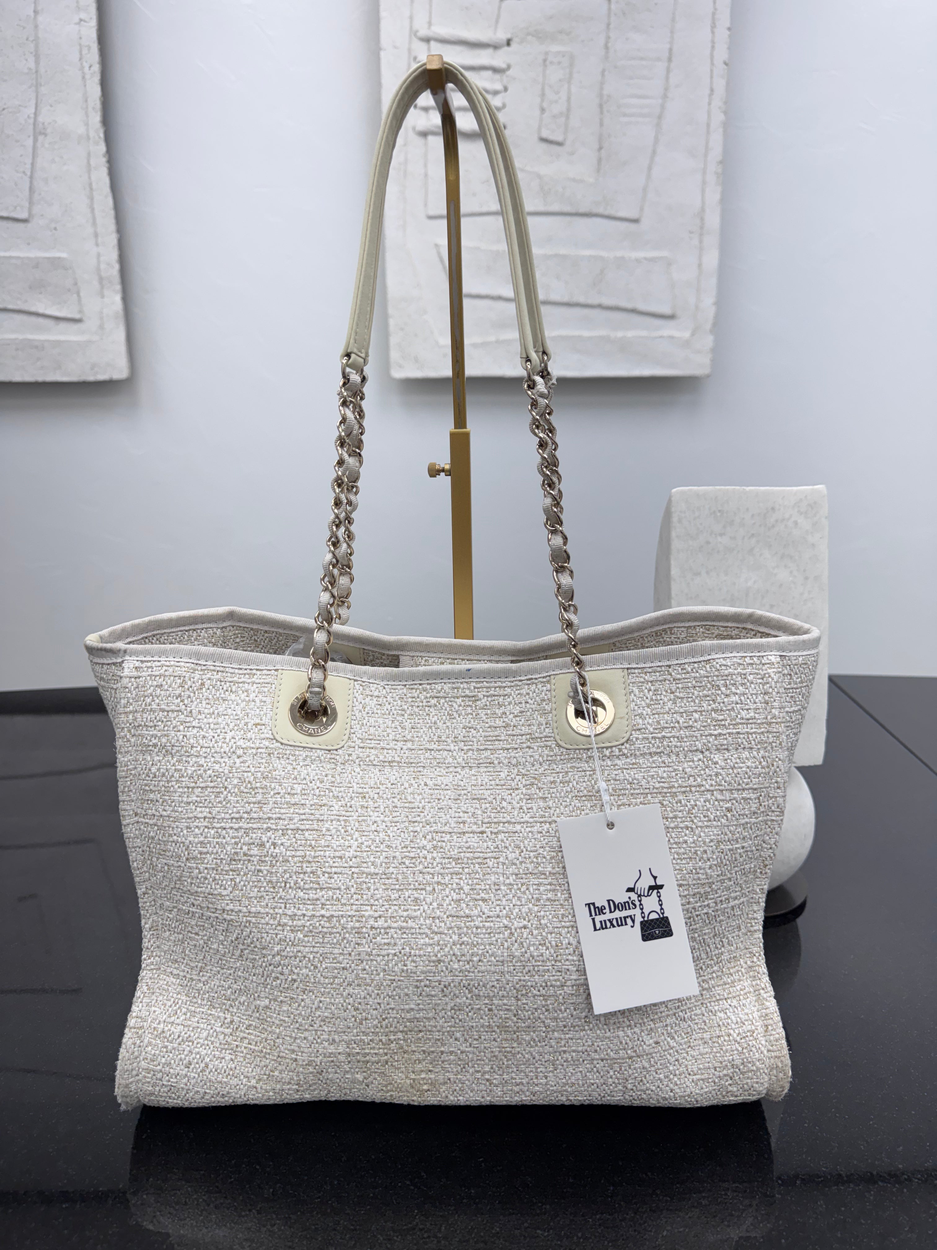 Chanel Ivory Tweed Deauville Small Shopping Tote Bag