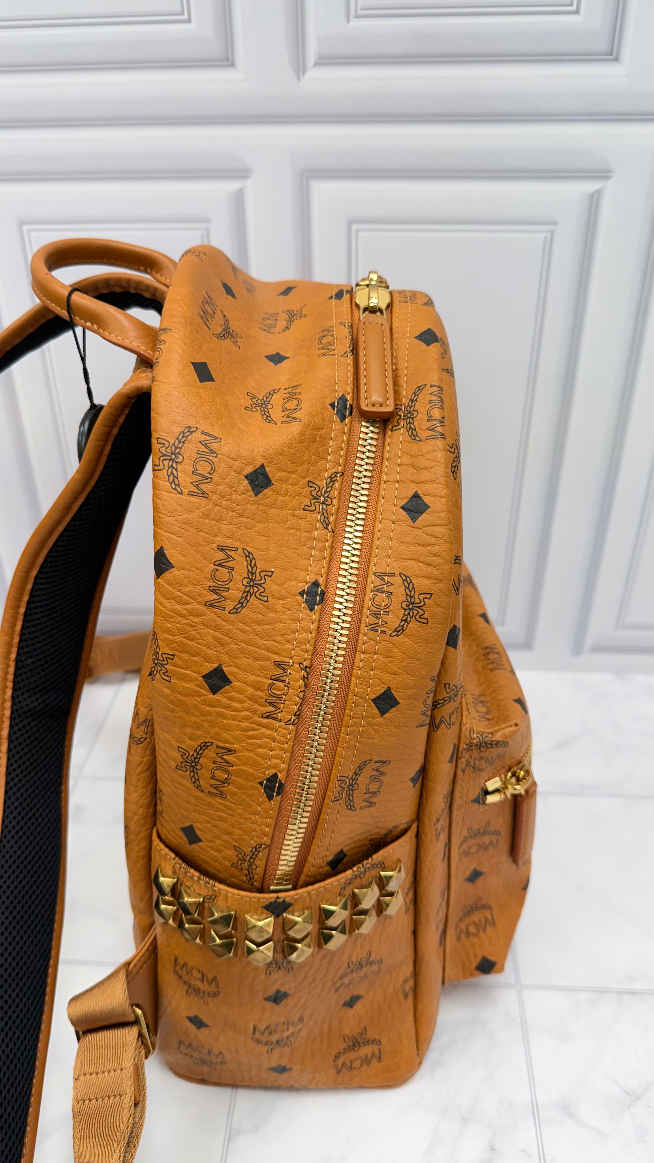 MCM Cognac Visetos Leather Side Studded Large Backpack