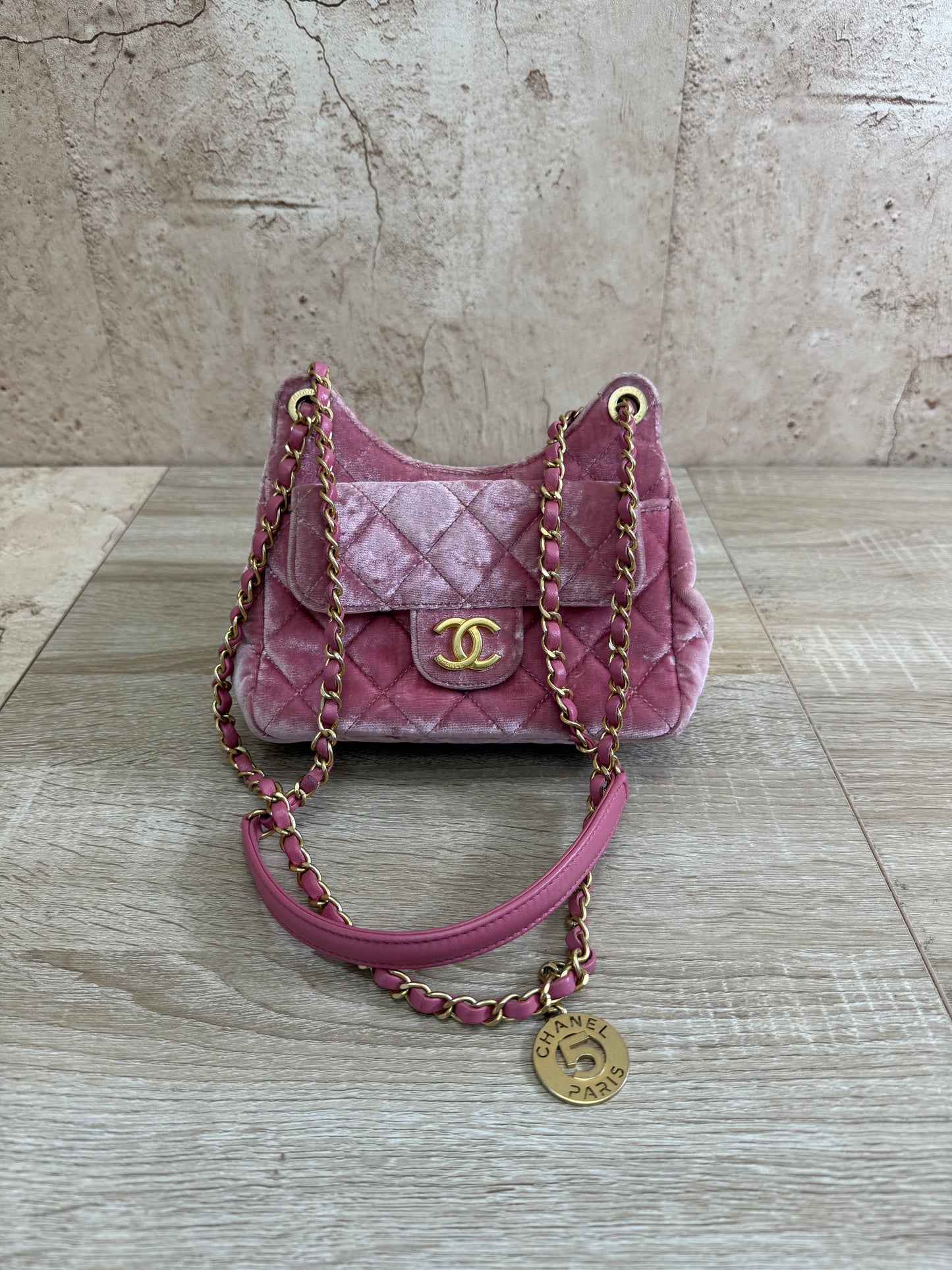 Chanel Pink Velvet Wavy Hobo Bag