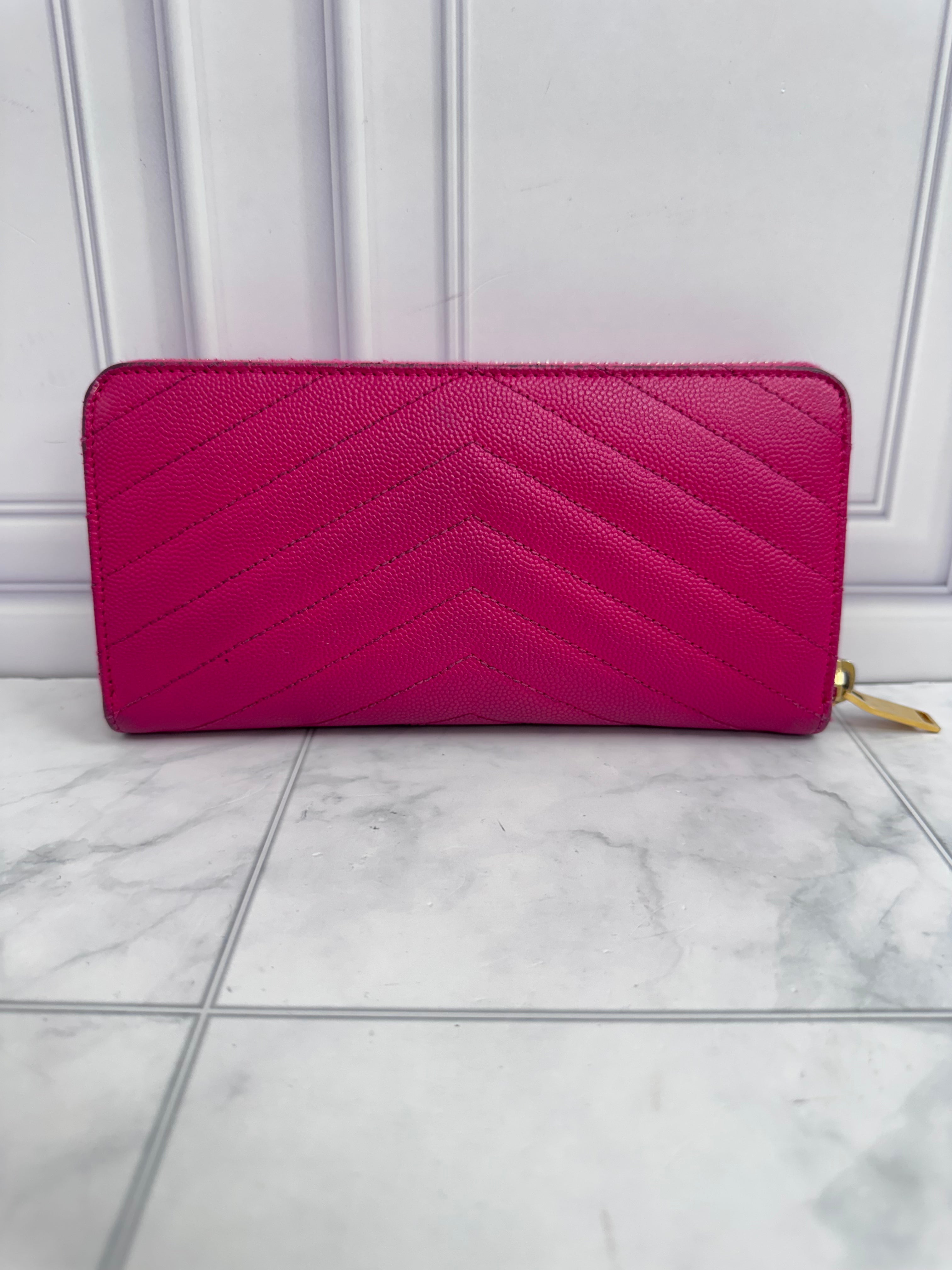 Saint Laurent YSL Pink Quilted Caviar Leather Zippy Wallet