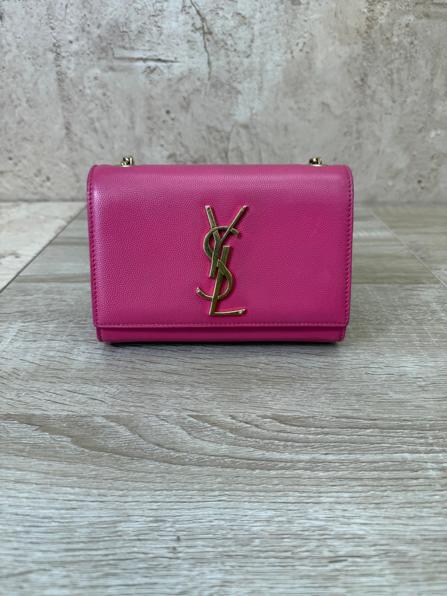 Saint Laurent YSL Hot Pink Pebbled Leather Kate Crossbody Bag