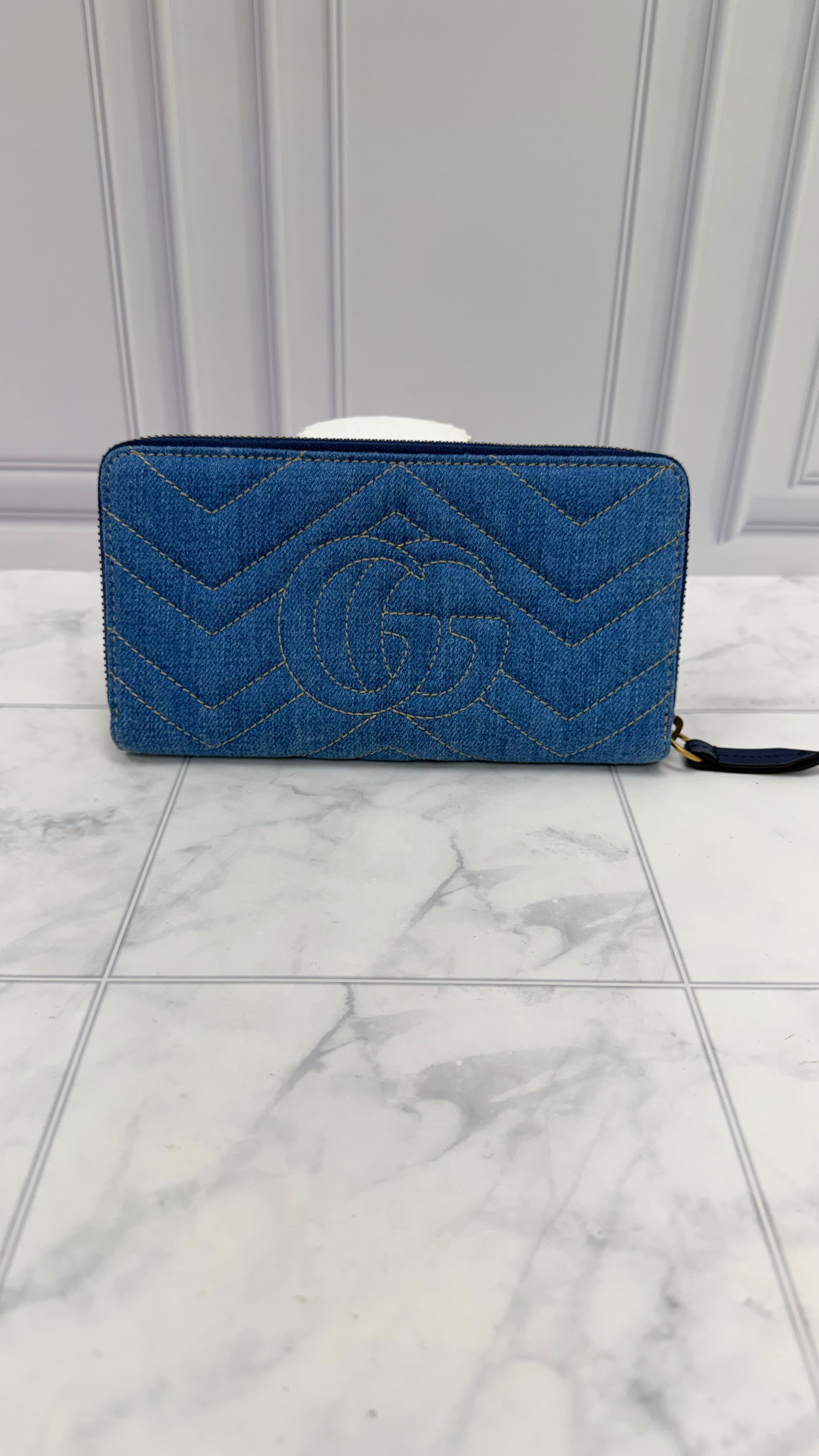 LIKE NEW- Gucci Denim Chevron Floral Embroidery Zippy Wallet