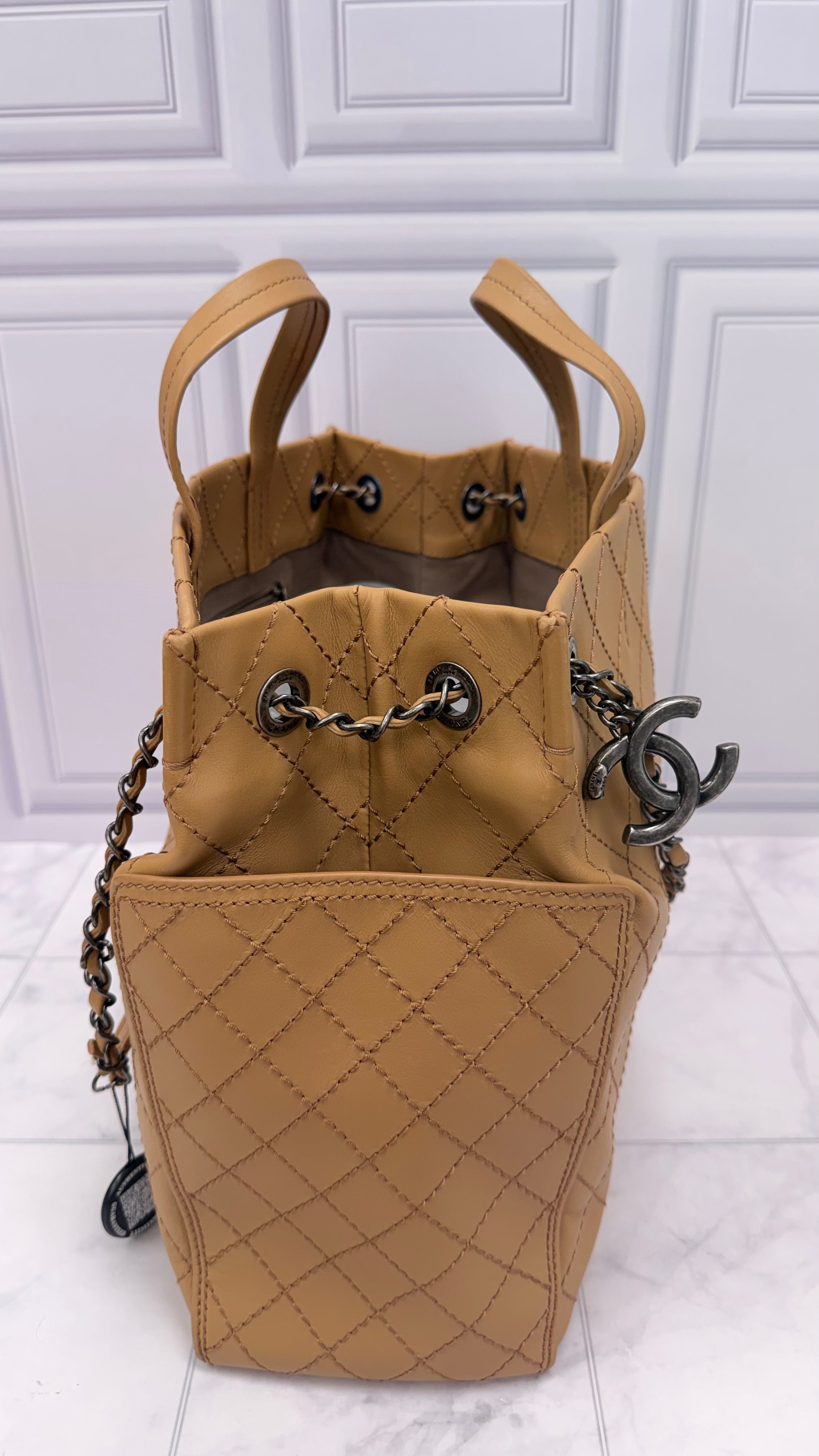 Chanel Beige Quilted Stitched CC Pocket Tote