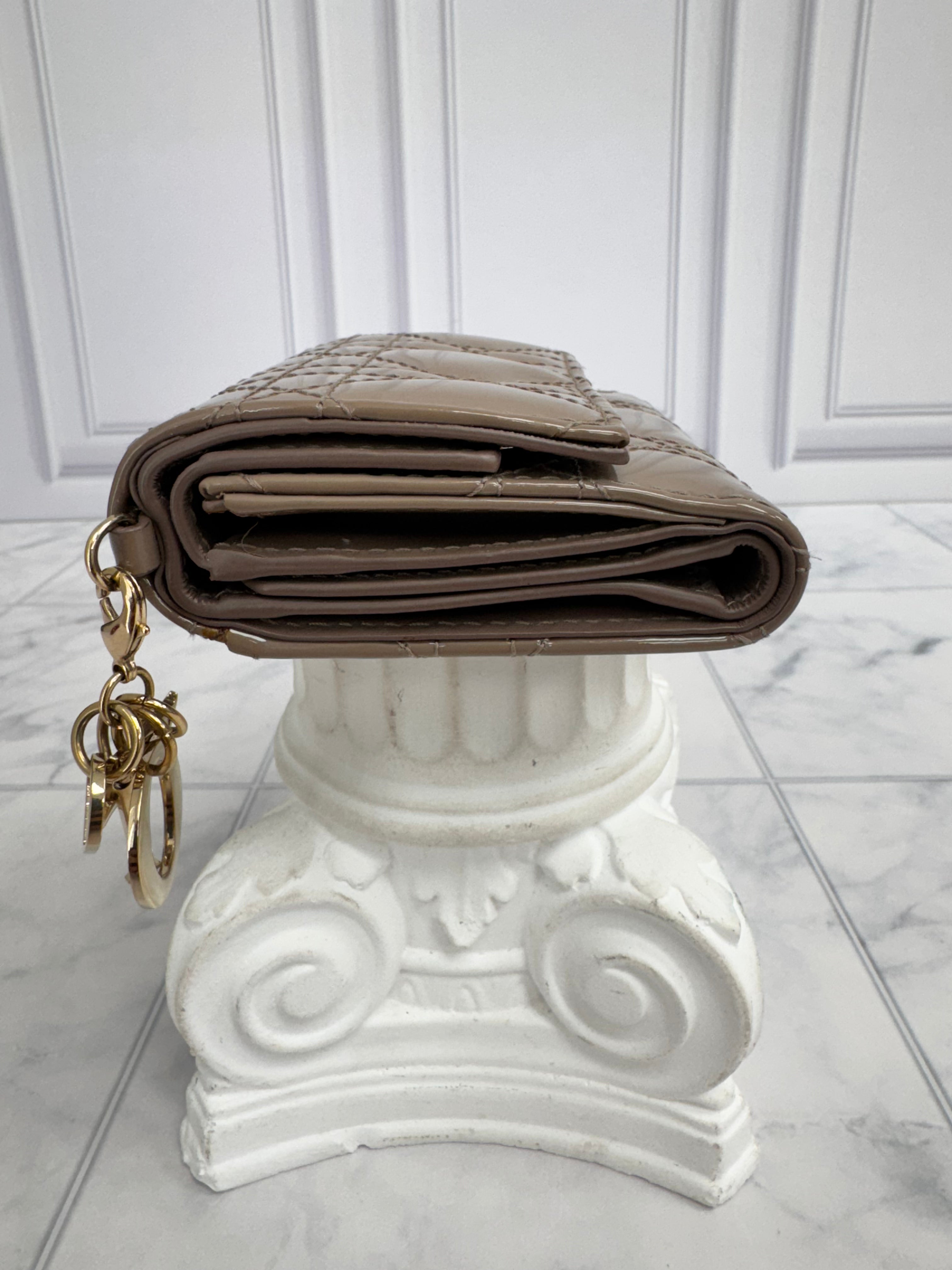 BRAND NEW - Christian Dior Beige Quilted Patent Leather Trifold Wallet