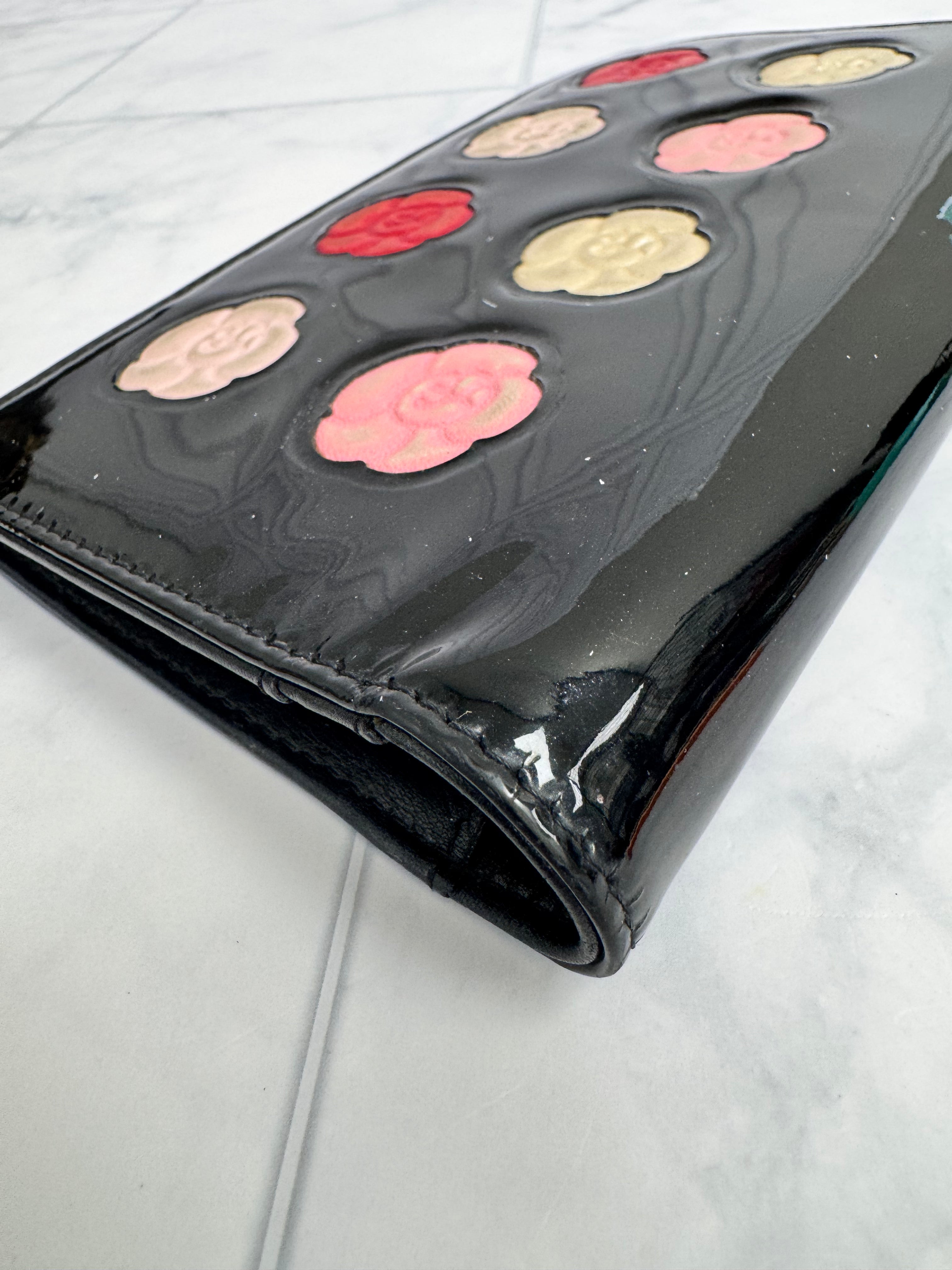 Chanel Black Patent Leather Camelia Flower Long Wallet