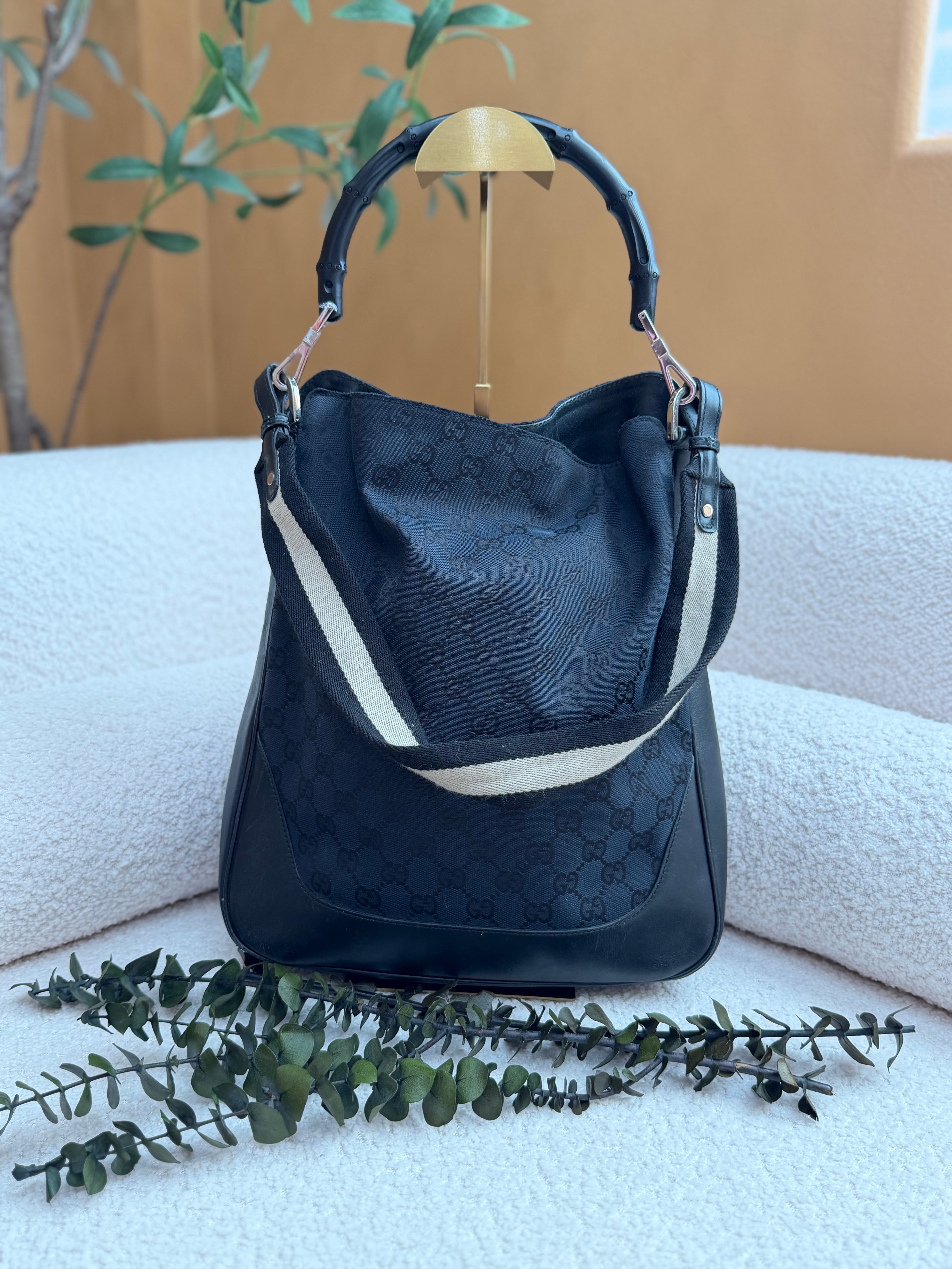 Gucci Black Canvas Bamboo Handle 2Way Bag