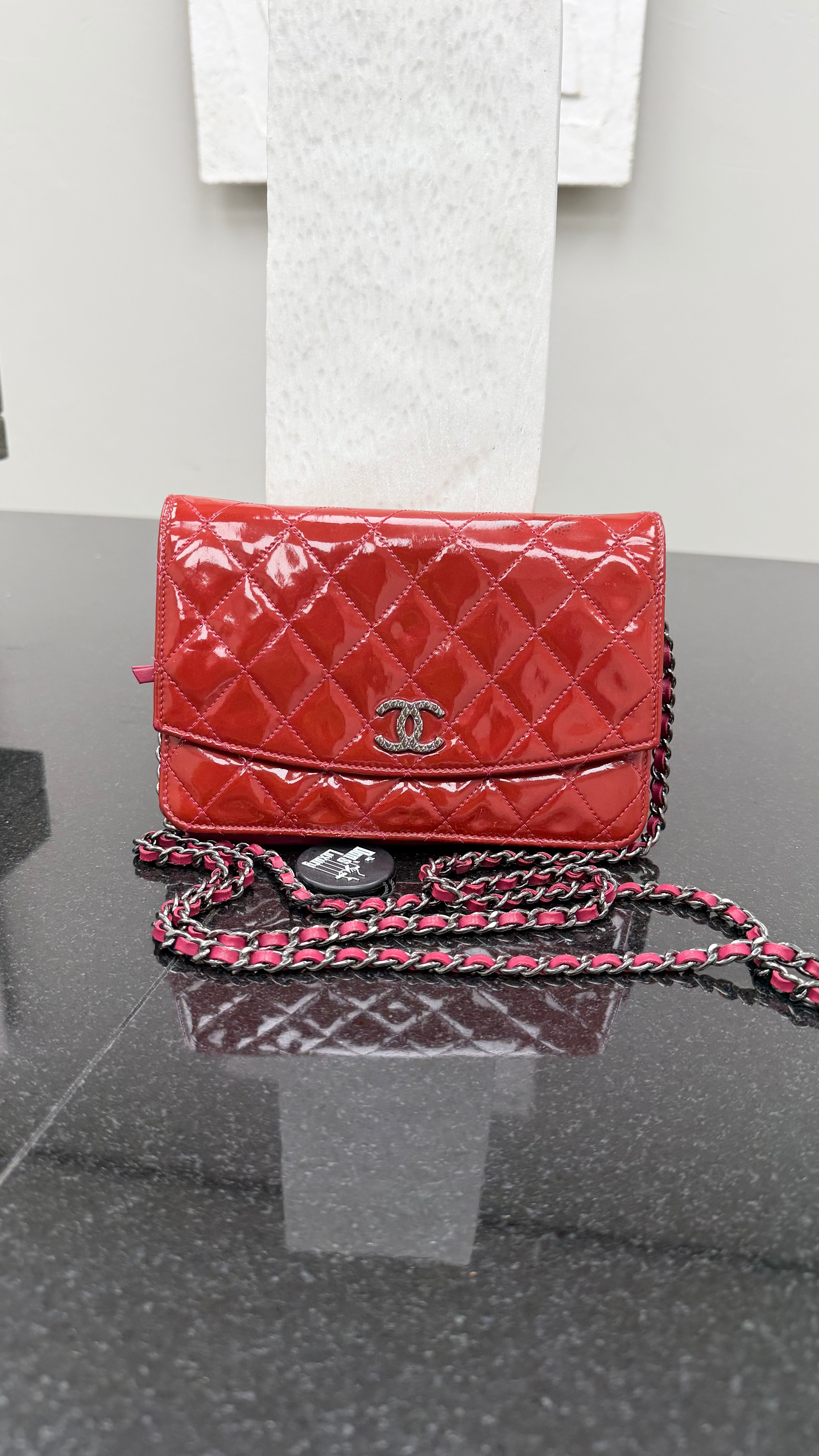 Chanel Rose Red Quilted Patent Leather Wallet on a Chain