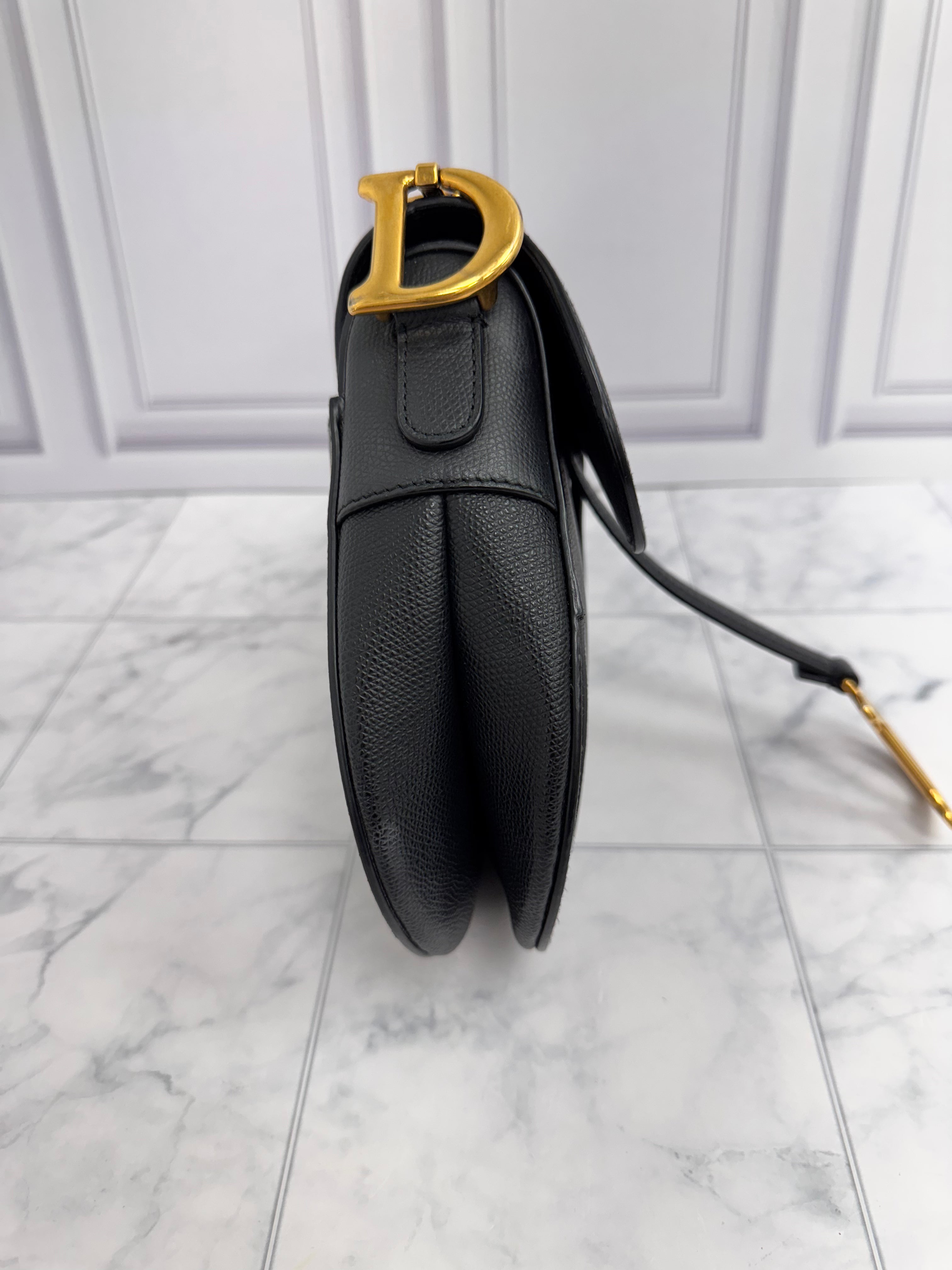 Christian Dior Black Grained Calfskin Leather Medium Saddle Bag