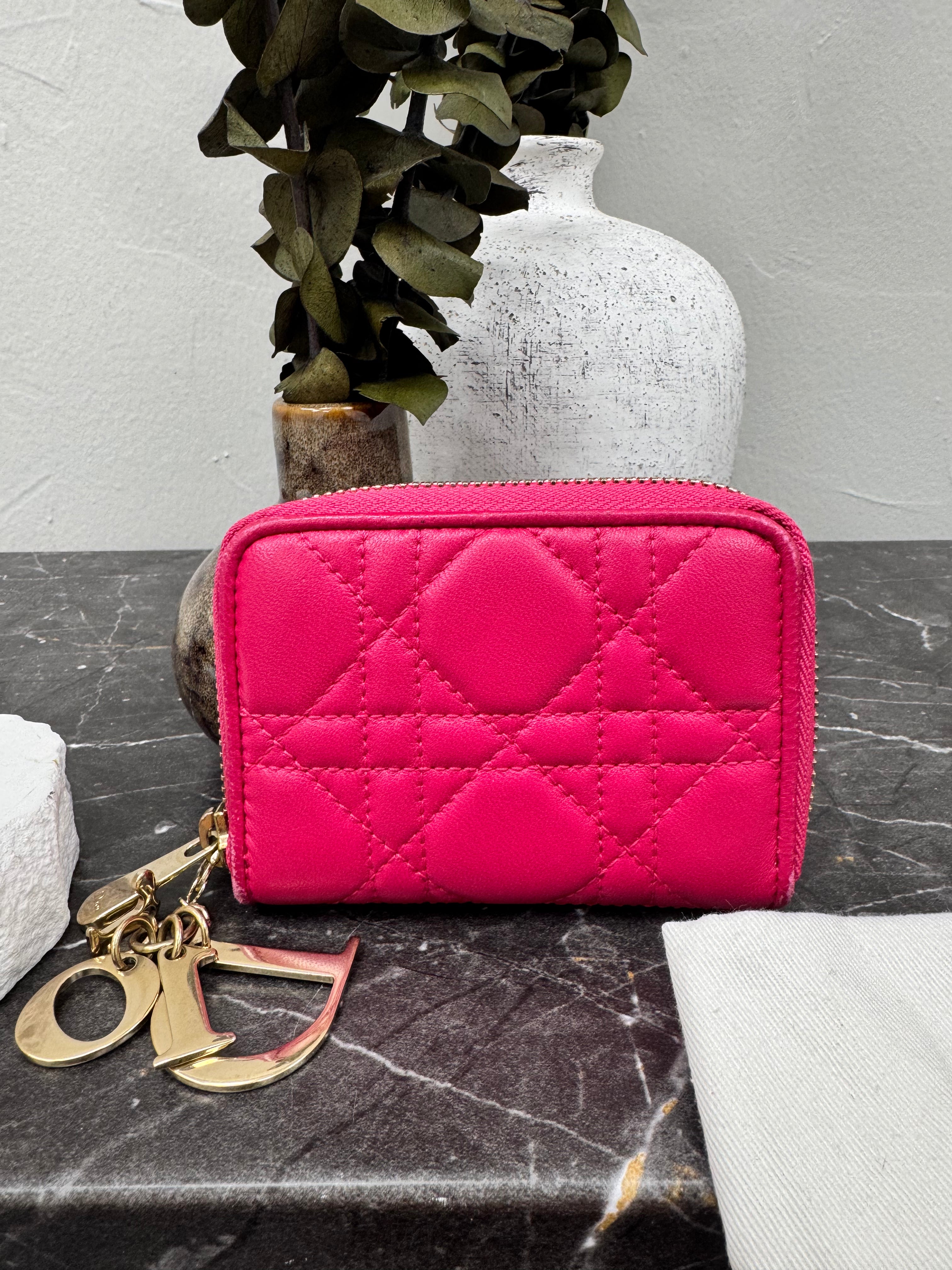 Christian Dior Pink Cannage Leather Lady Dior Zippy Card Case
