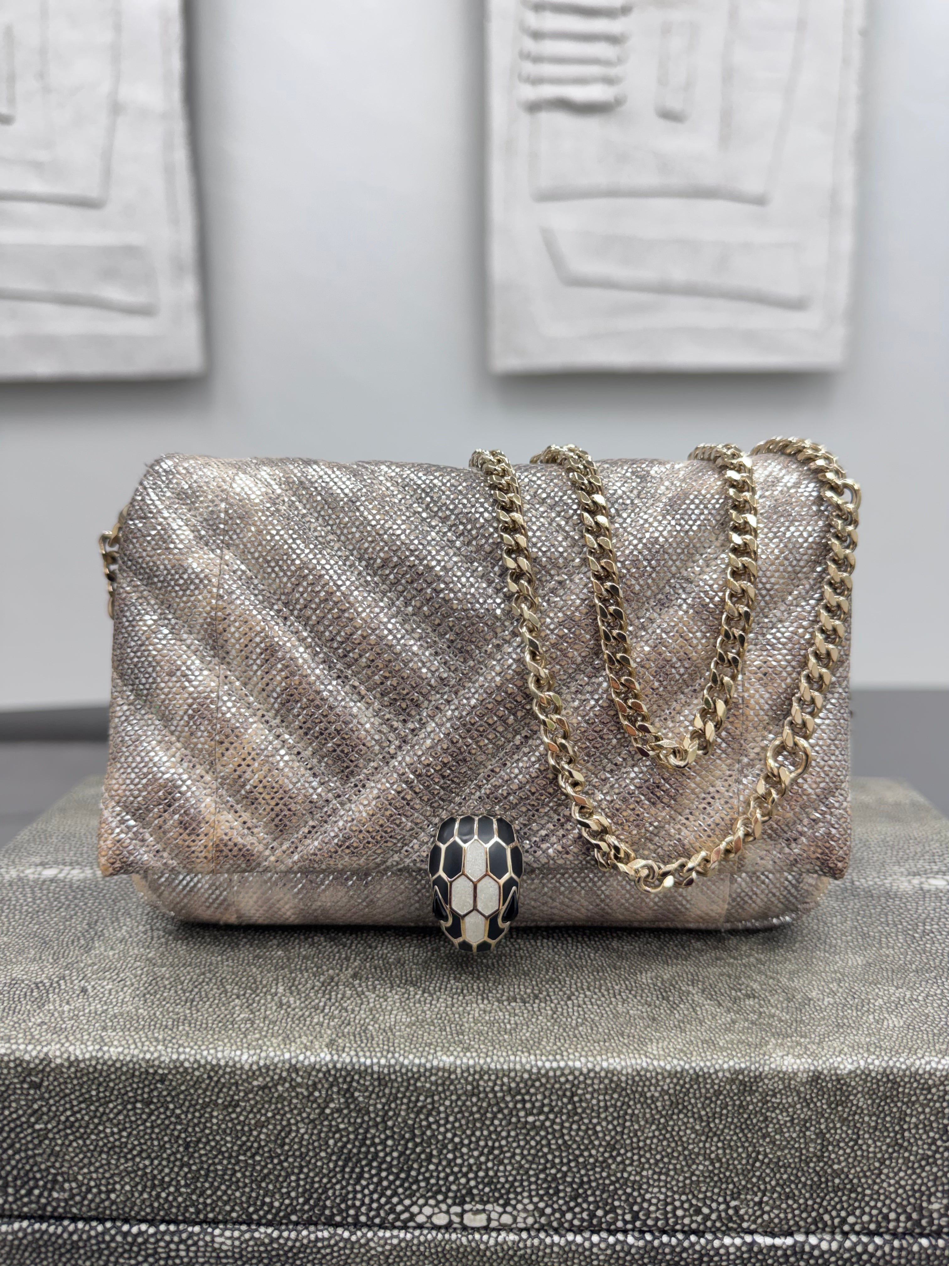 Bvlgari Silver Metallic Foiled Snake Skin Serpenti Cabochon Chain Shoulder Bag