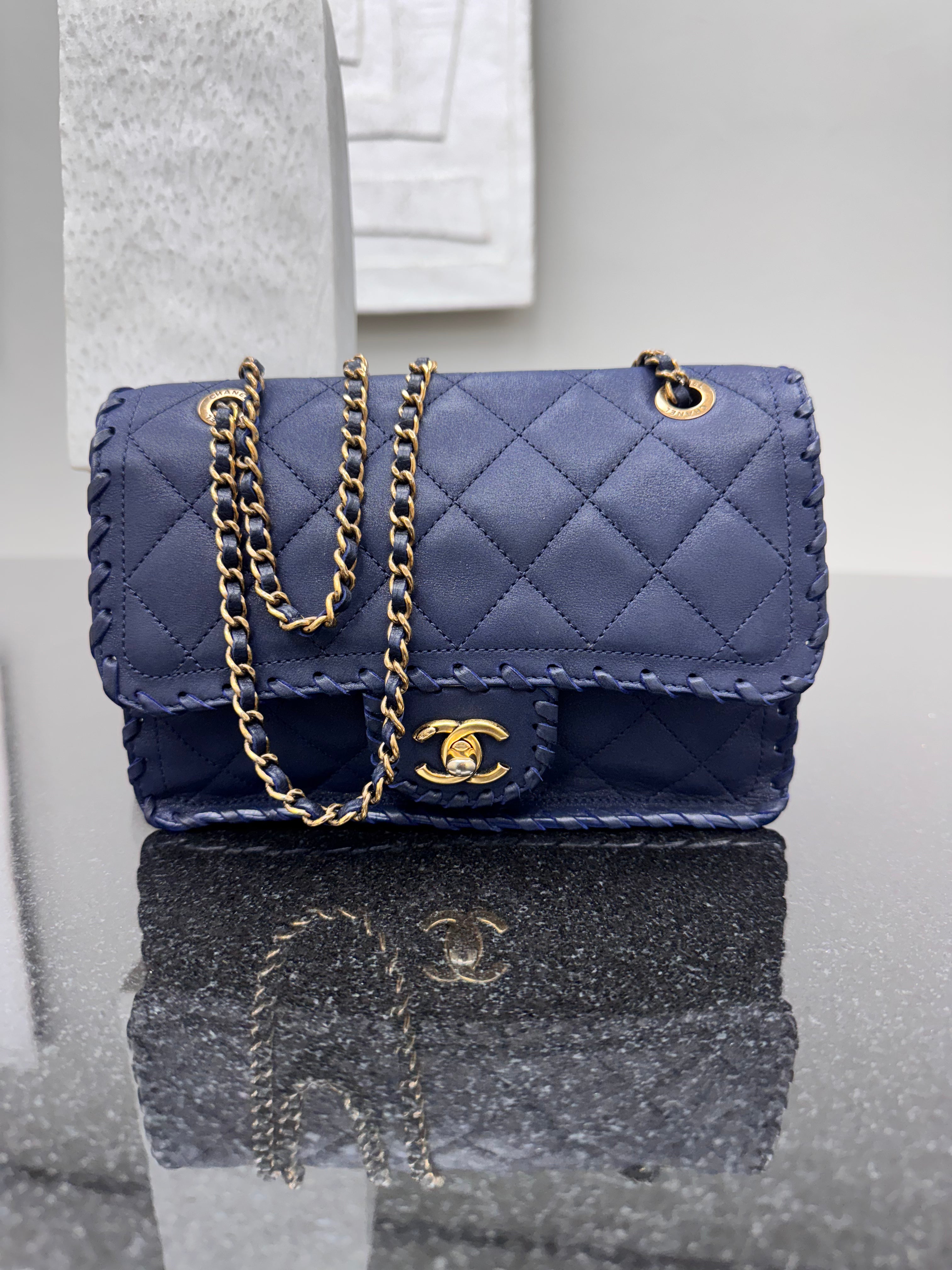 LIKE NEW - Chanel Iridescent Dark Blue Quilted Leather Happy Stitch Flap Bag