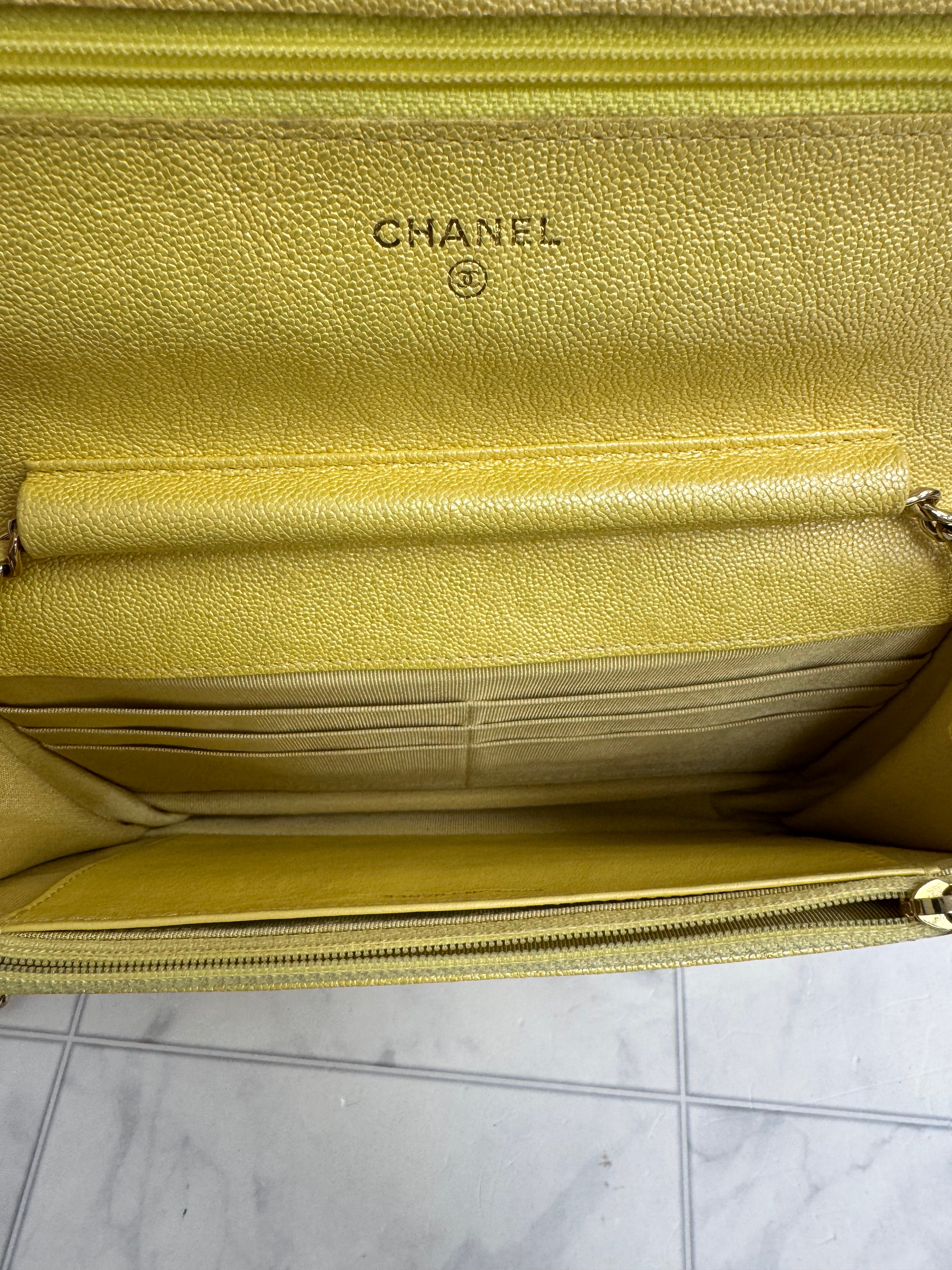 Chanel Iridescent Yellow Quilted Caviar Leather Wallet On A Chain