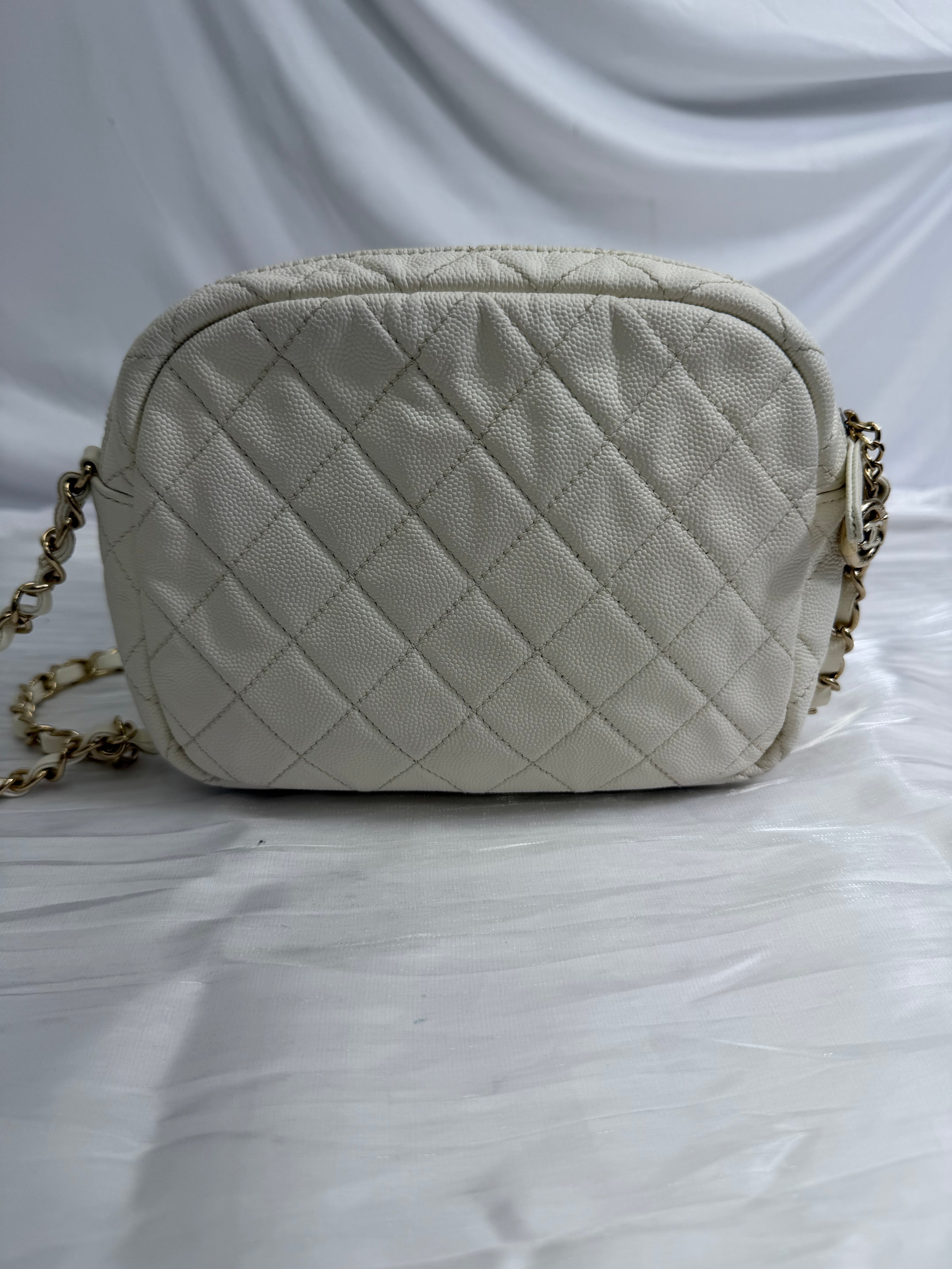 Chanel White Quilted Caviar CC Day Camera Case