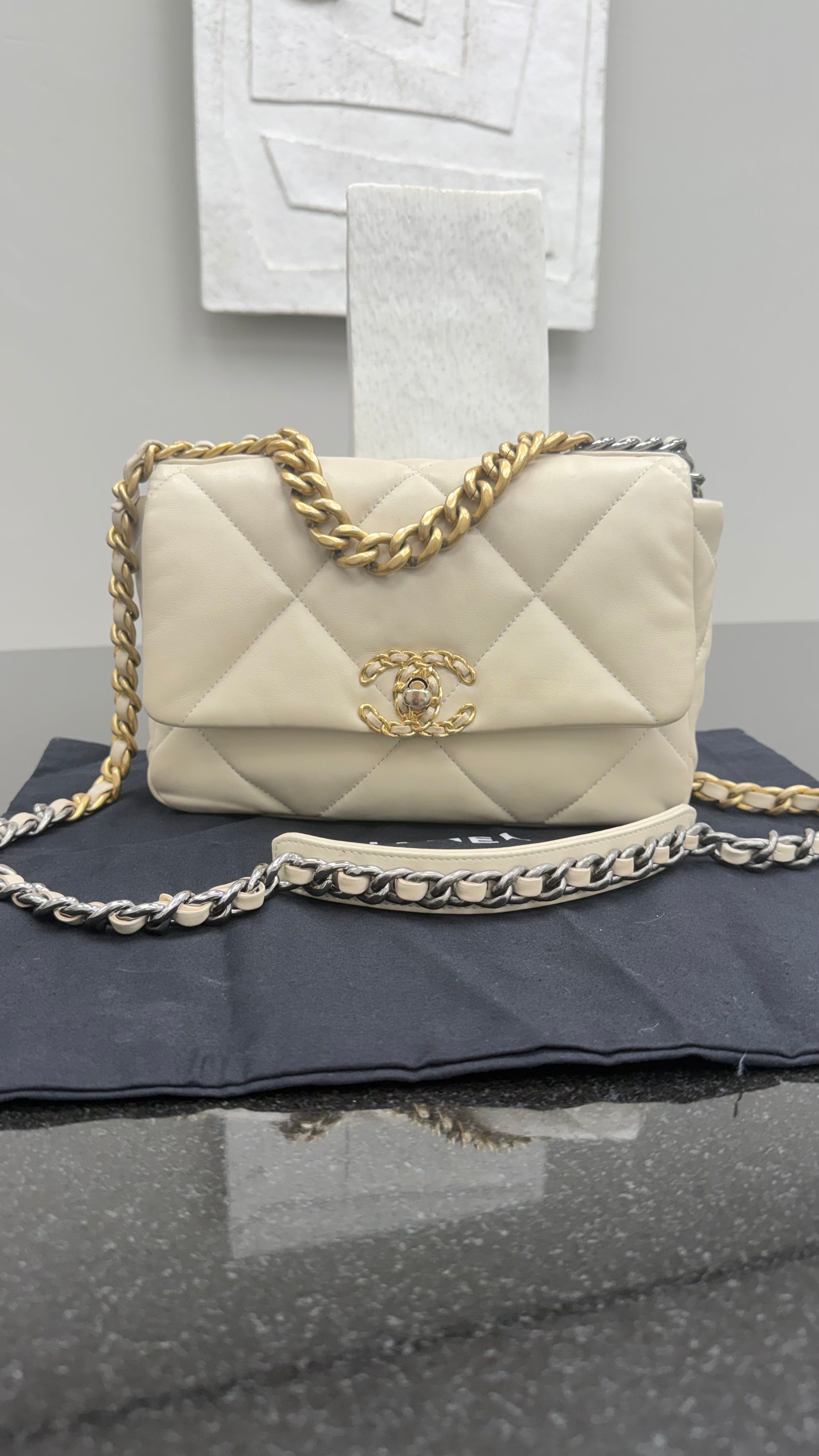 Chanel Beige Quilted Lambskin Chanel 19 Medium Flap Bag