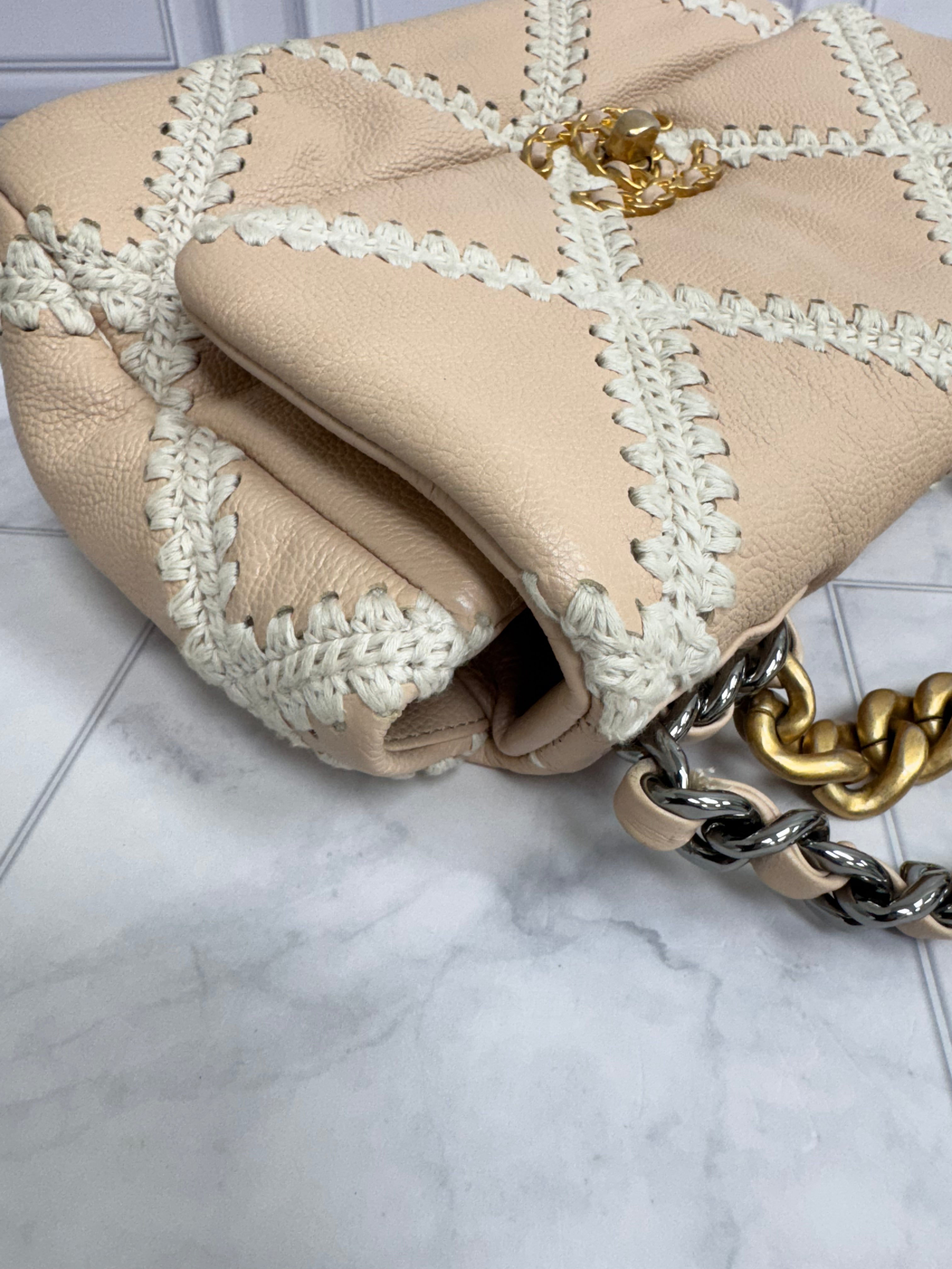 Chanel Beige Grained Leather And Crochet Stitch Chanel 19 Small Flap Bag