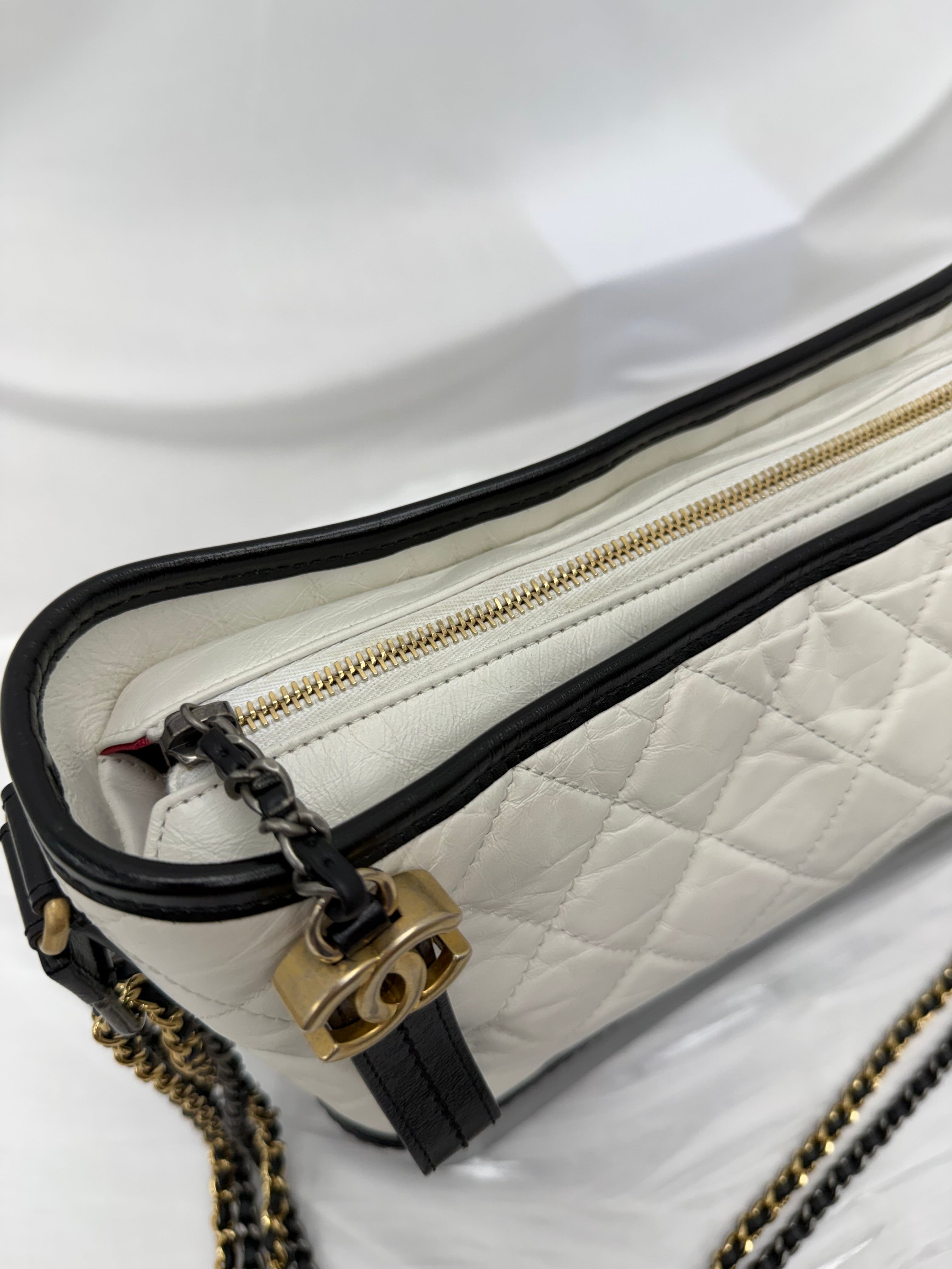 Chanel White & Black Aged Quilted Calfskin Medium Gabrielle Hobo Bag