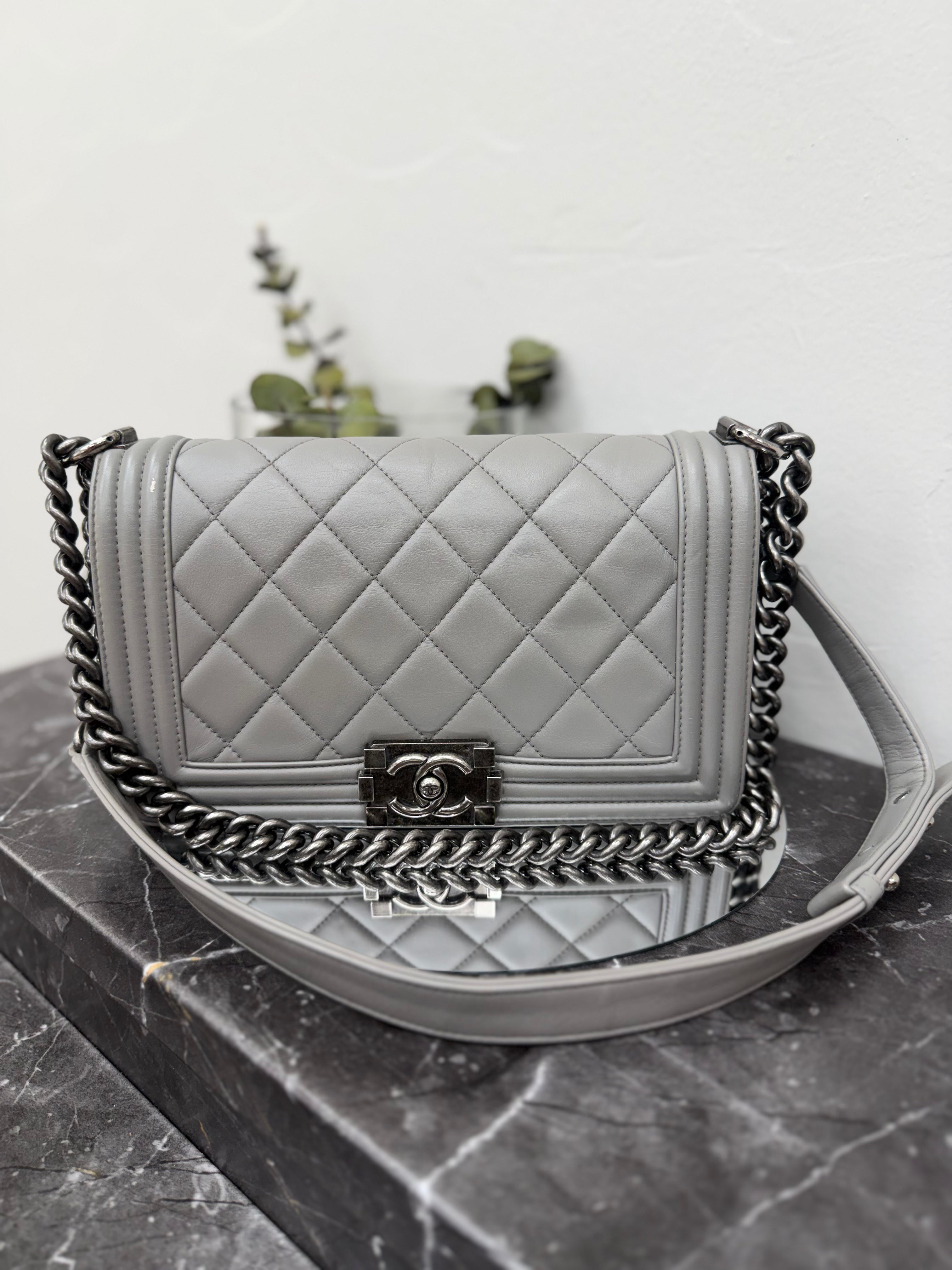 Chanel Grey Quilted Lambskin Medium Boy Bag