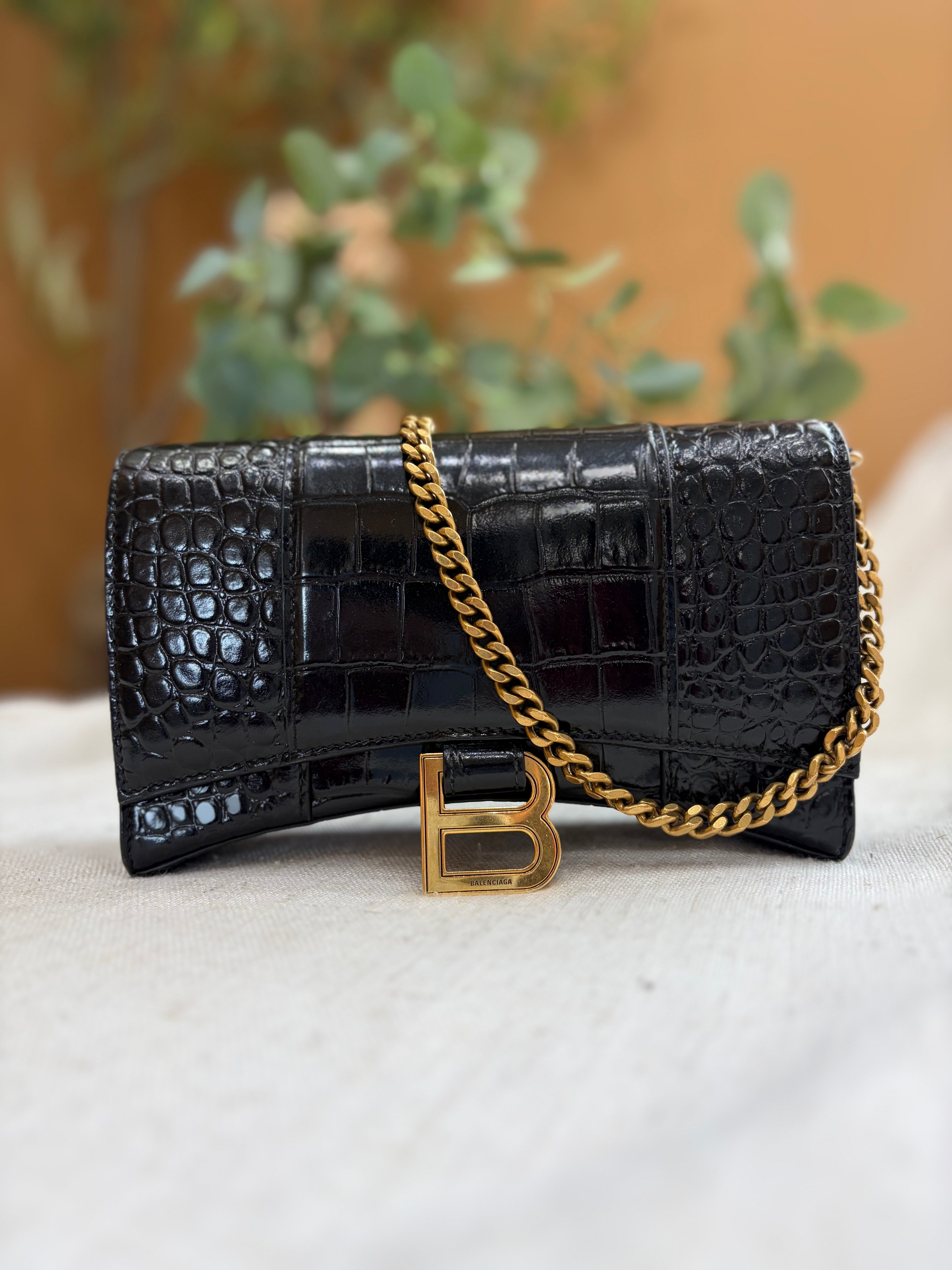 Balenciaga Black Croc Embossed Hourglass Wallet on Chain