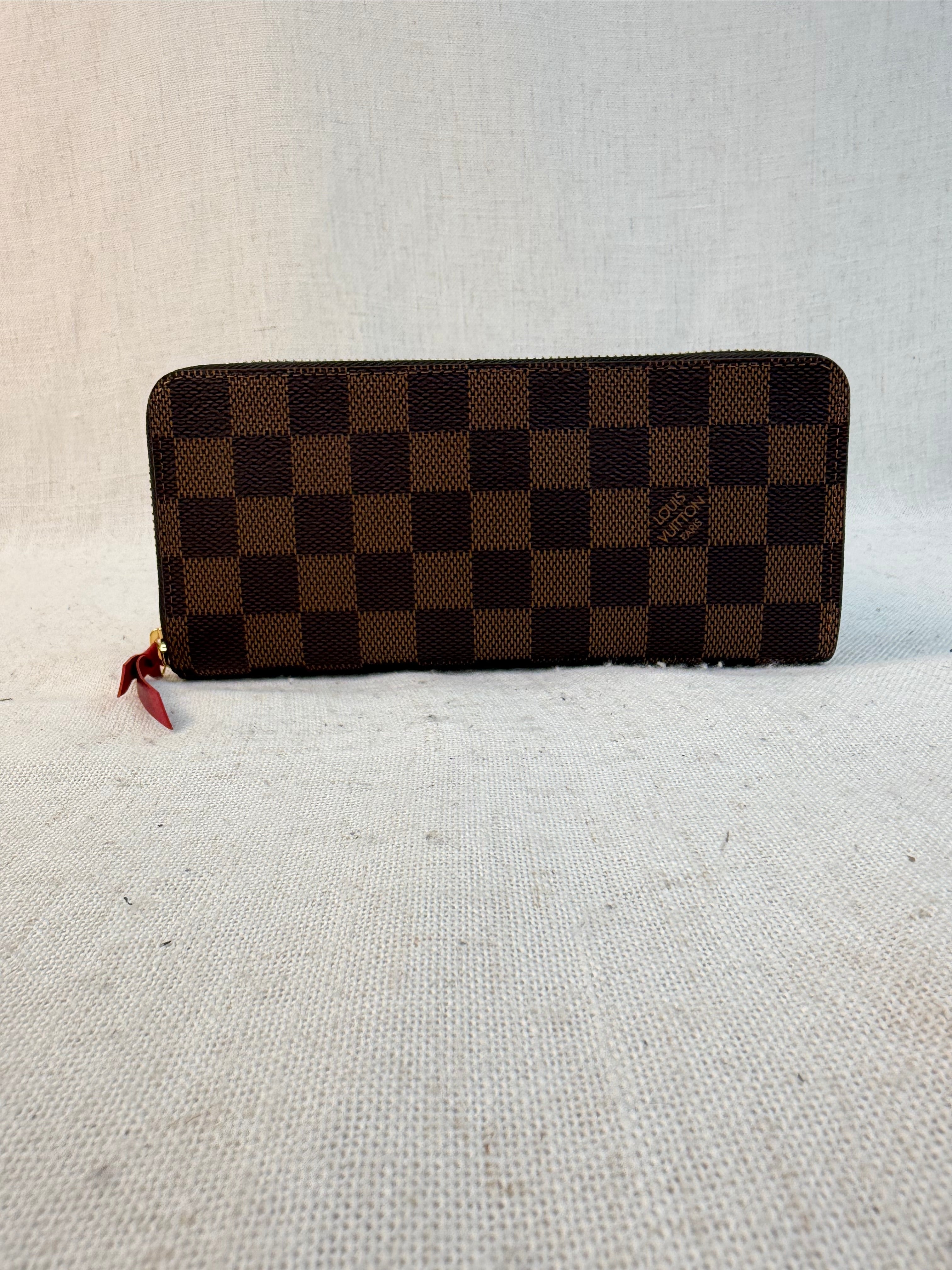 LIKE NEW Louis Vuitton Damier Ebene & Red Clemence Zippy Wallet