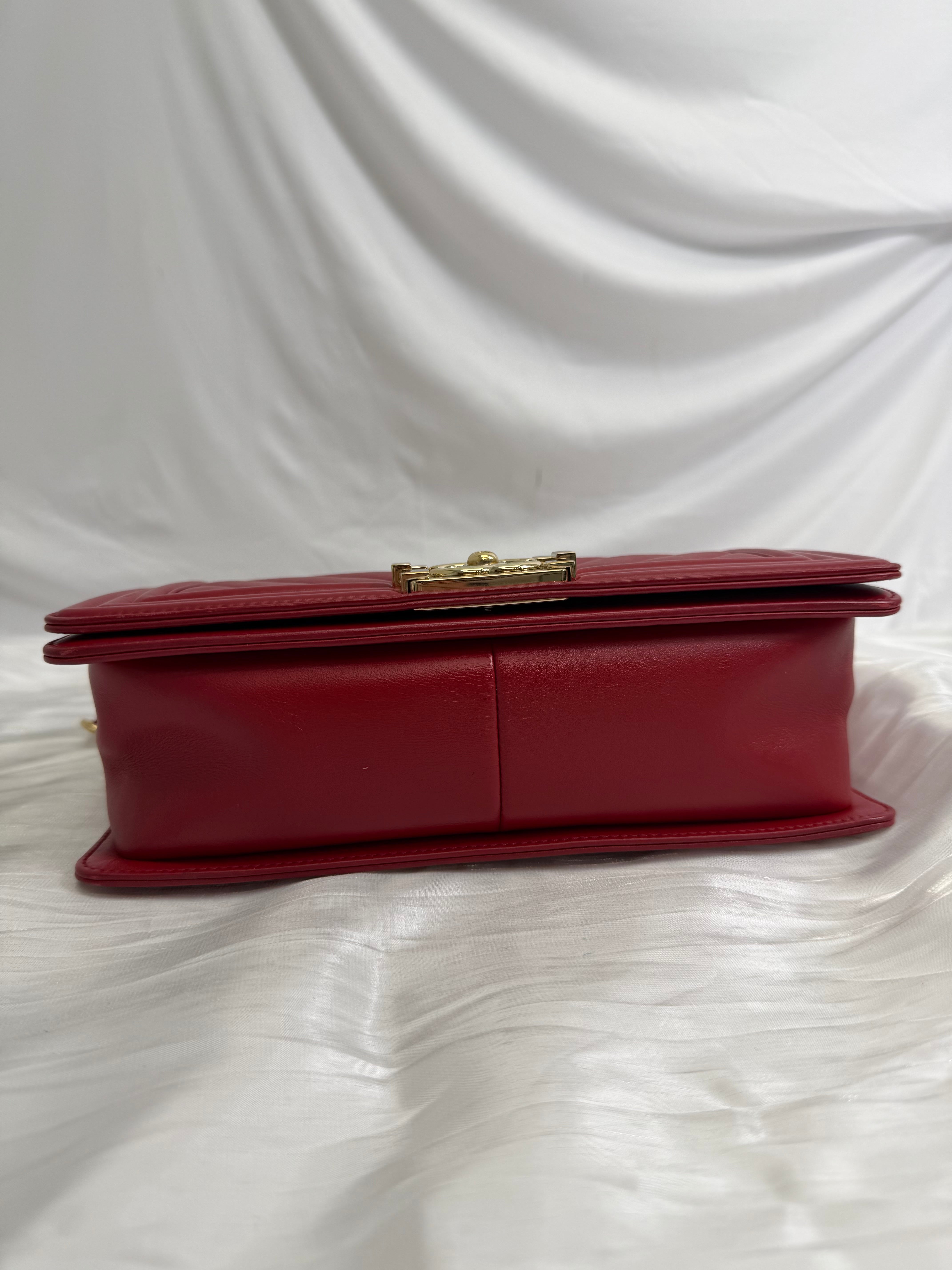 Chanel Red Chevron Quilted Calfskin Medium Boy Bag