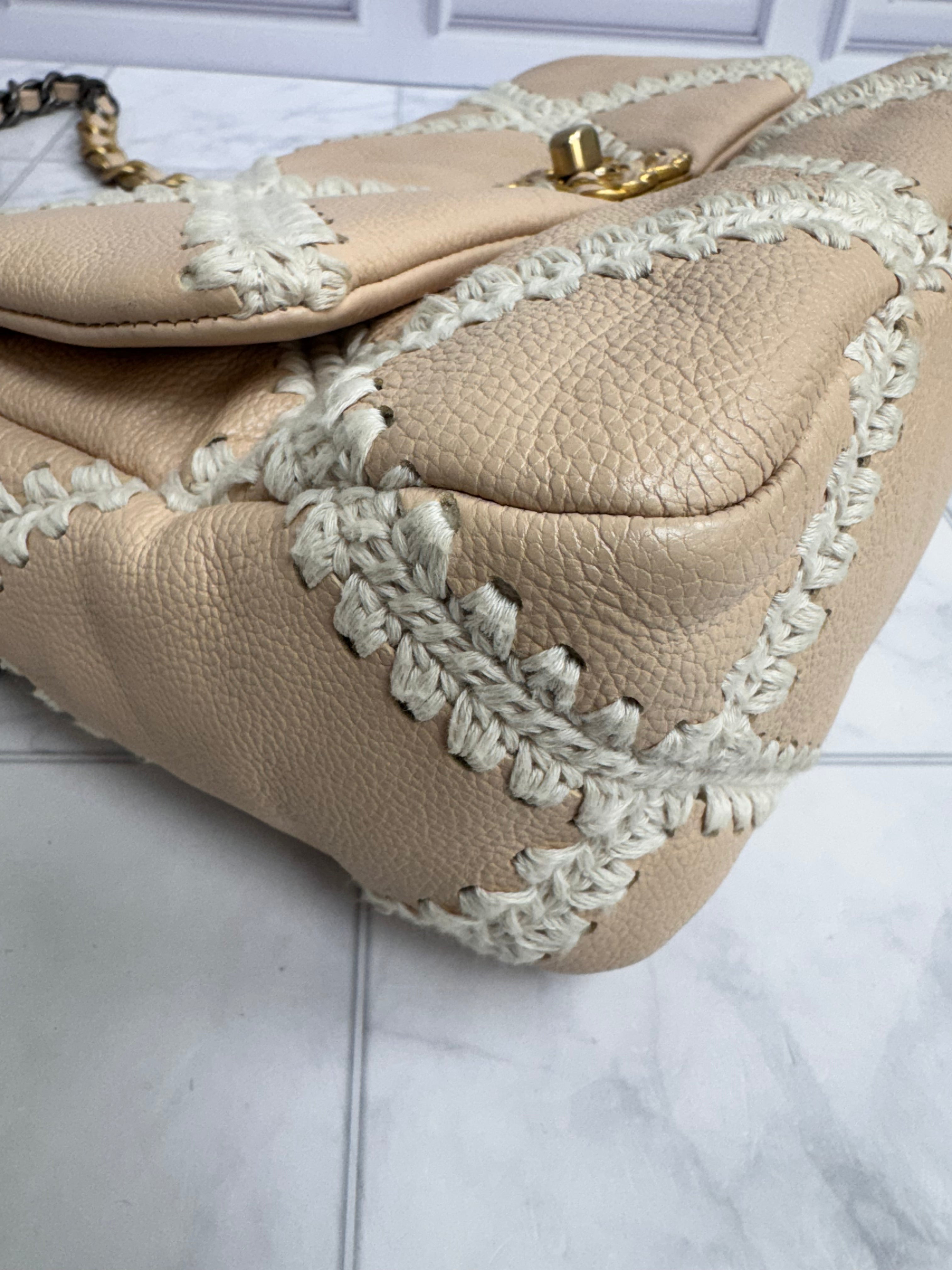 Chanel Beige Grained Leather And Crochet Stitch Chanel 19 Small Flap Bag