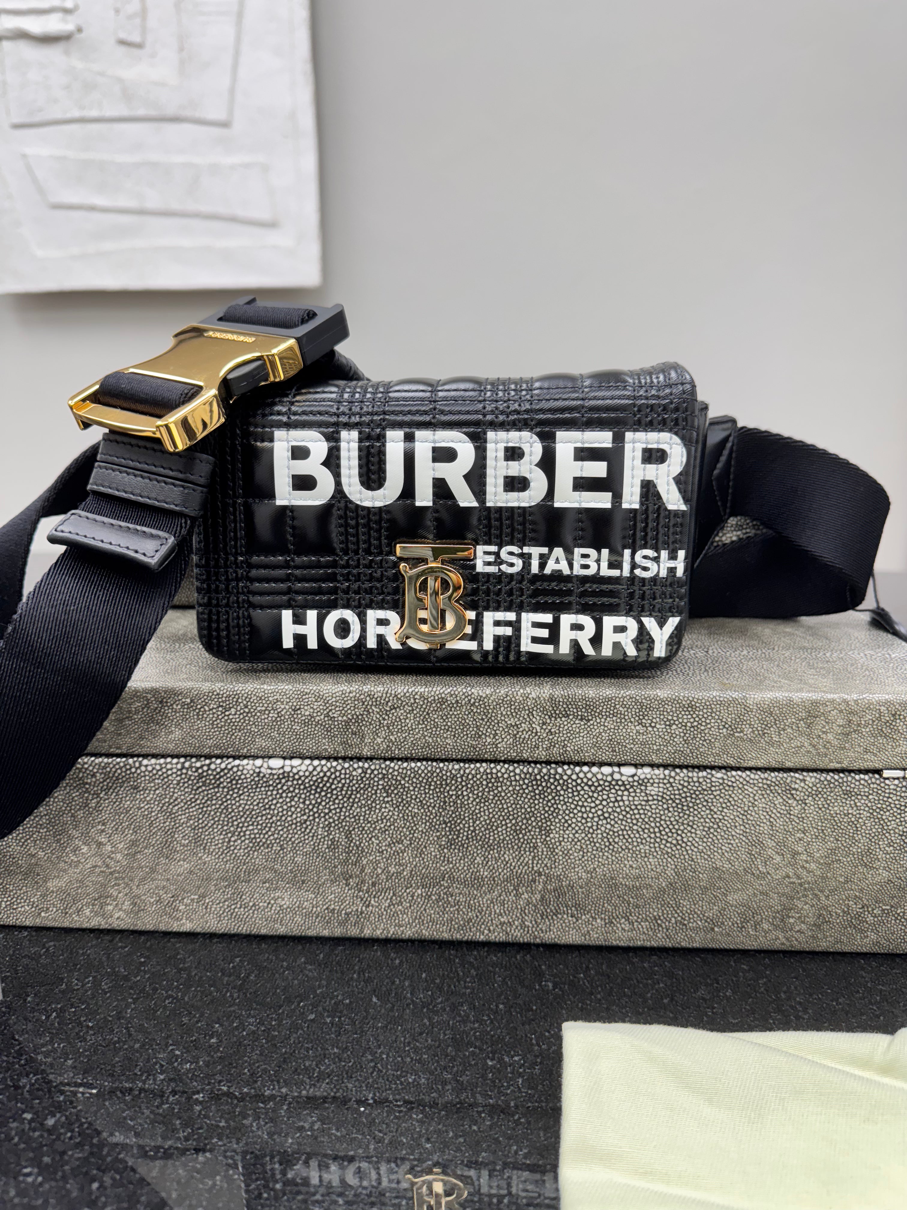 LIKE NEW - Burberry Black And White Quilted Patent Leather Horseferry Belt Bag