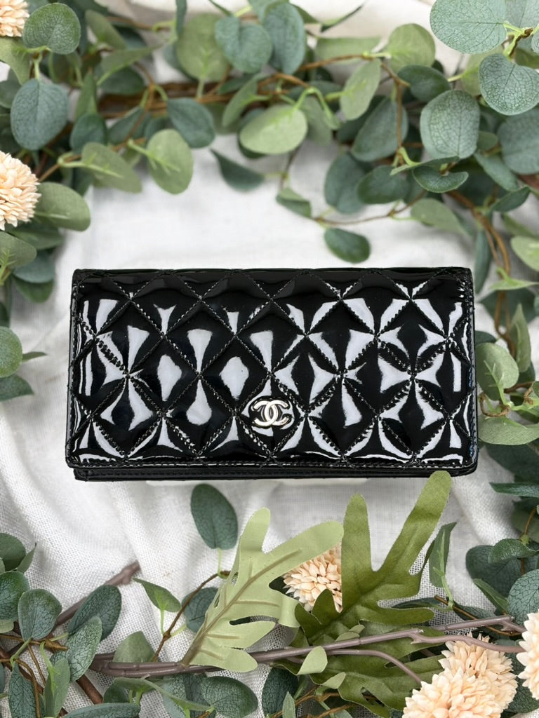 Chanel Black Quilted Patent Leather Long Wallet