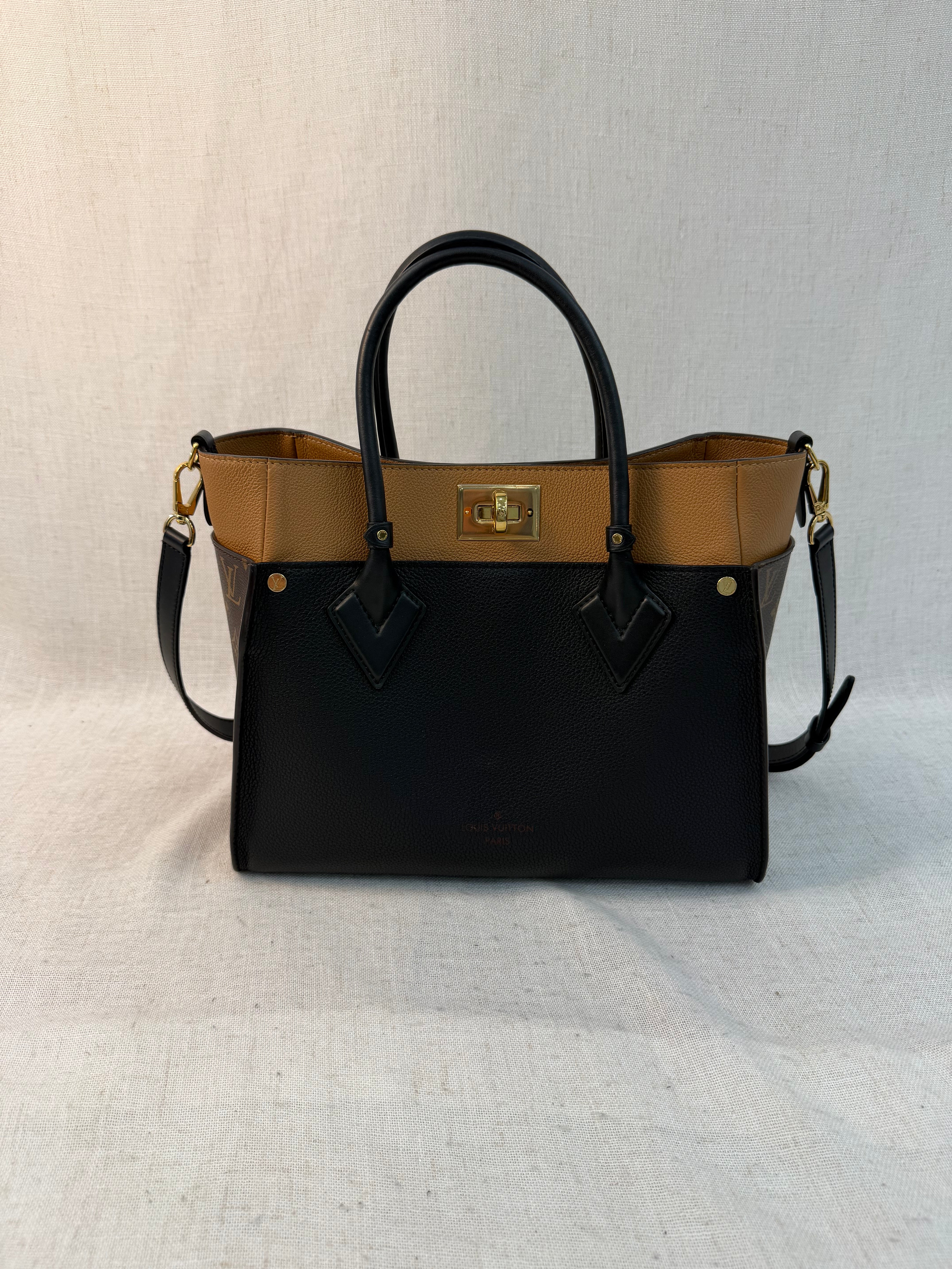 Louis Vuitton Monogram Black & Tan Leather On My Side MM Tote