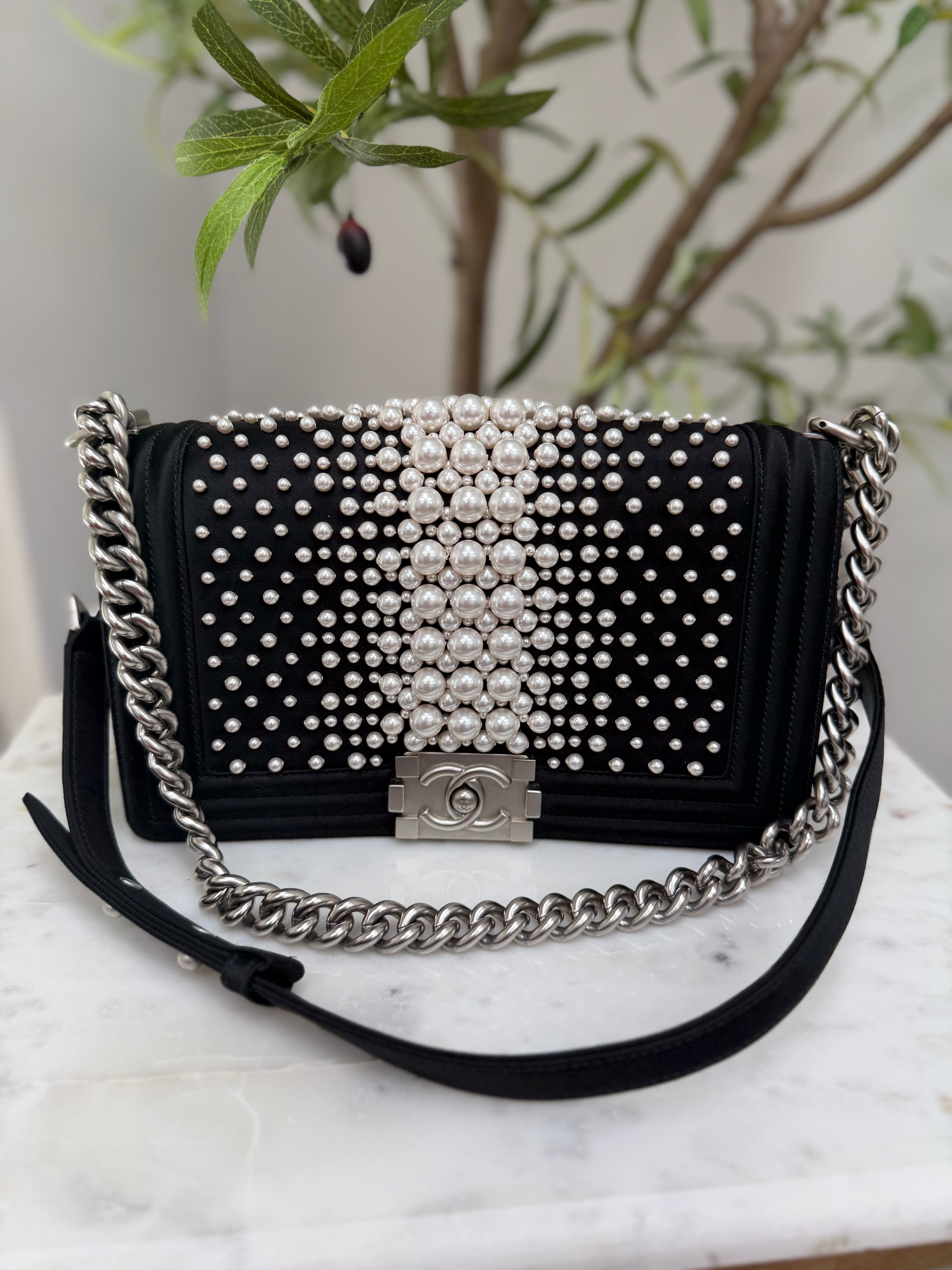Chanel Faux Pearl Embellished & Black Satin Medium Boy Flap Bag