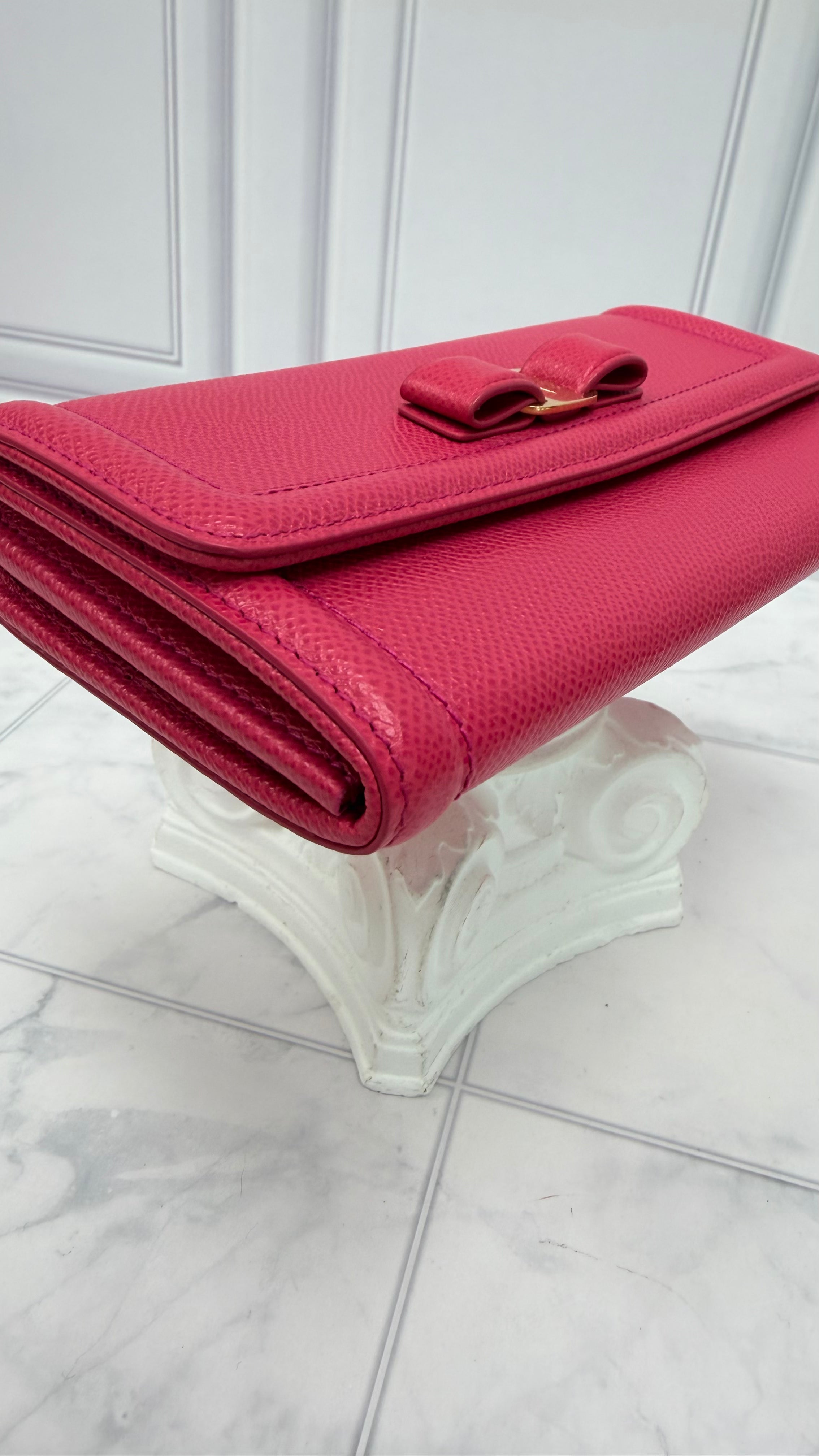 Salvatore Ferragamo Pink Pebbled Leather Bow Long Wallet w/ Card Holder