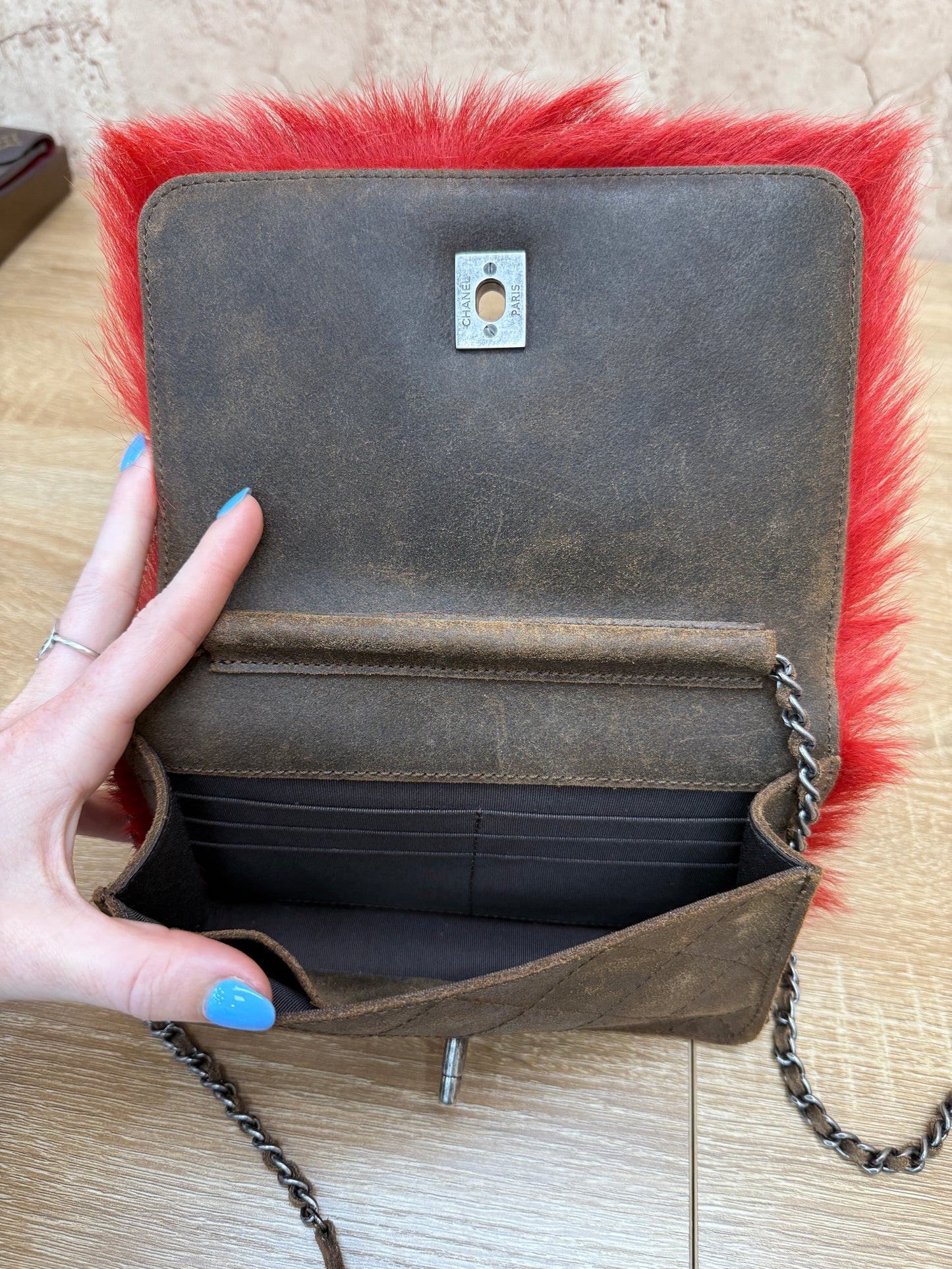 Chanel Red Goat Hair Wallet On Chain
