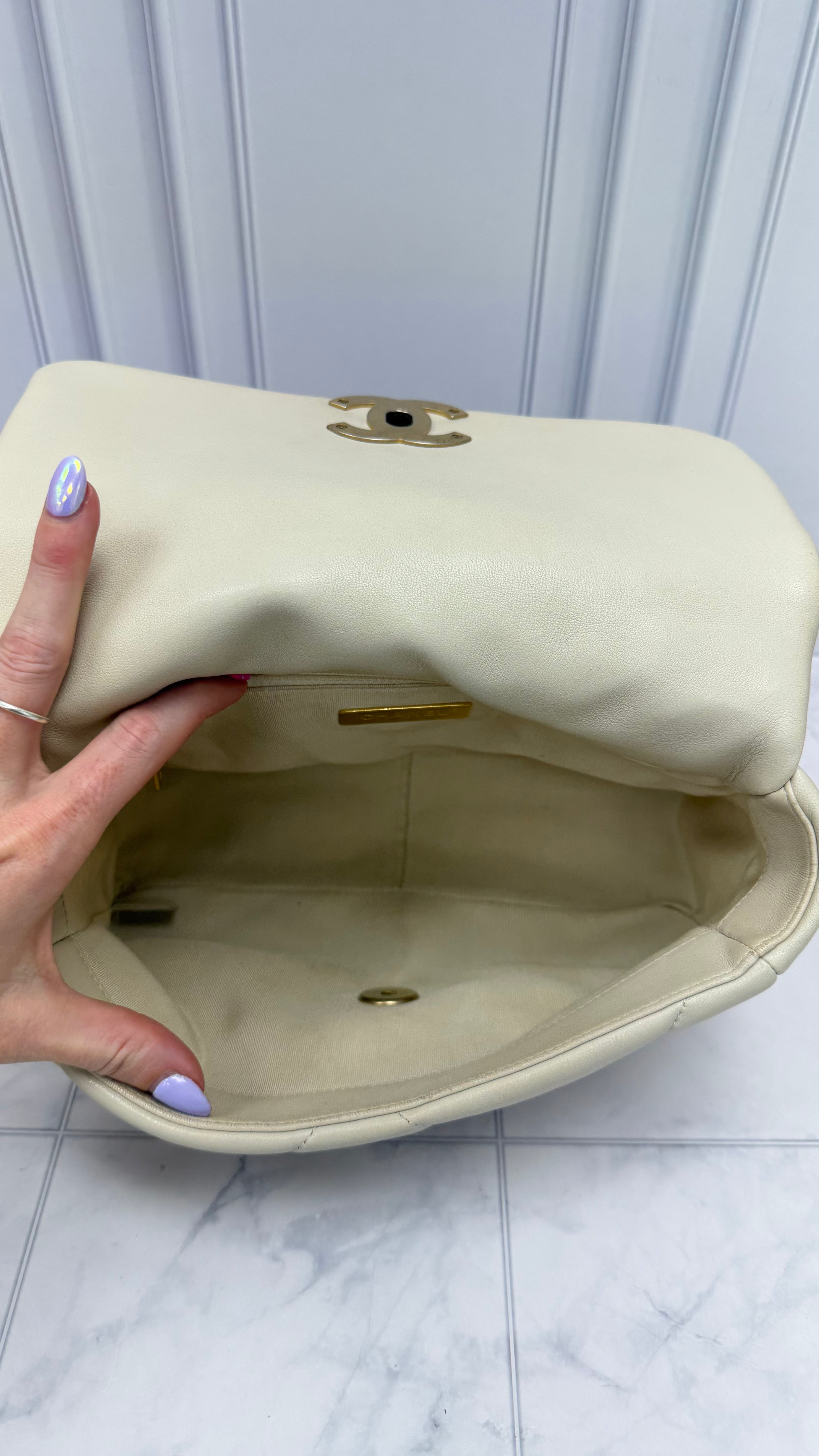 Chanel Beige Quilted Lambskin Chanel 19 Medium Flap Bag