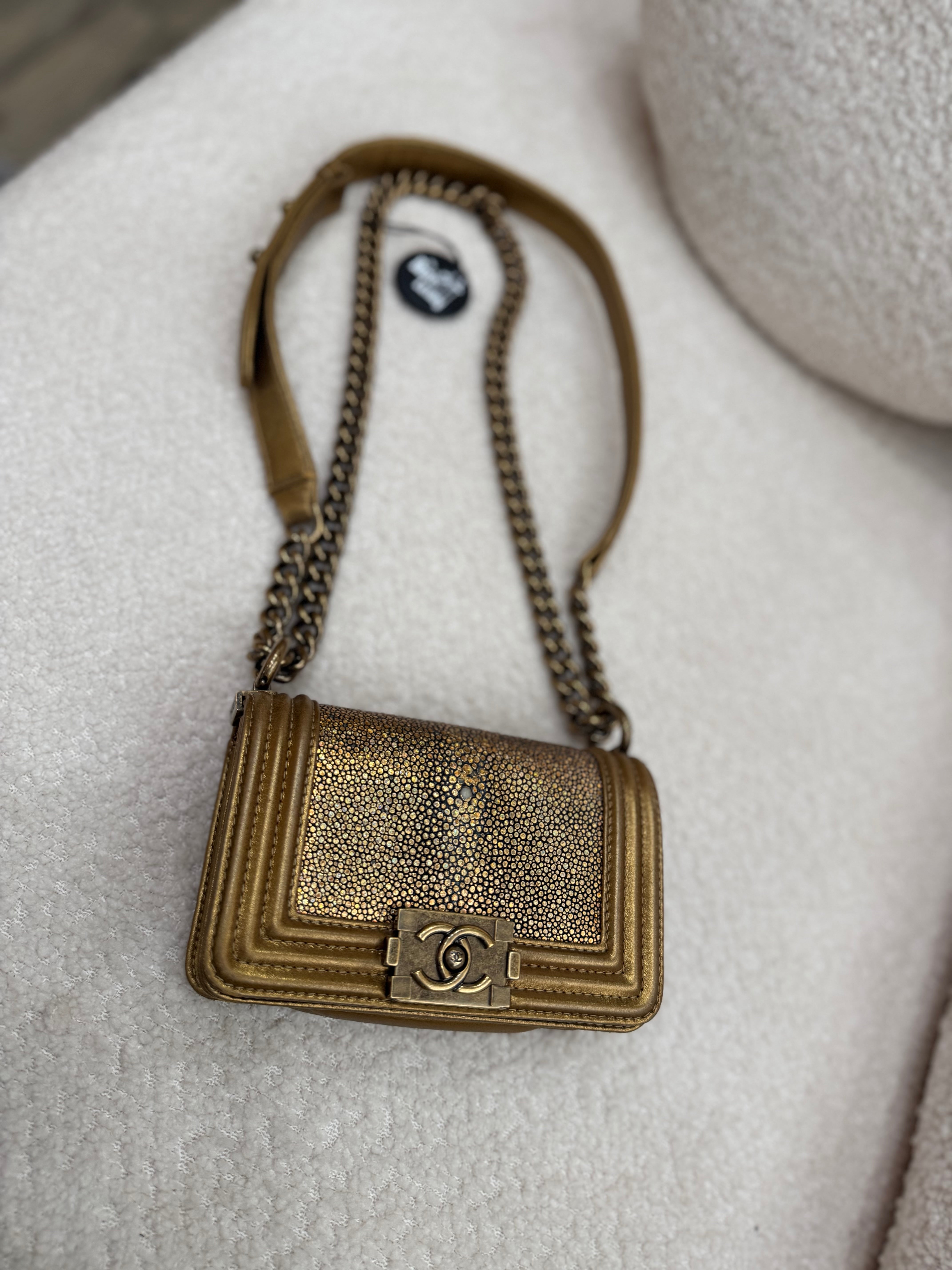 Chanel Metallic Gold Galuchat Stingray Mini Boy Flap Bag