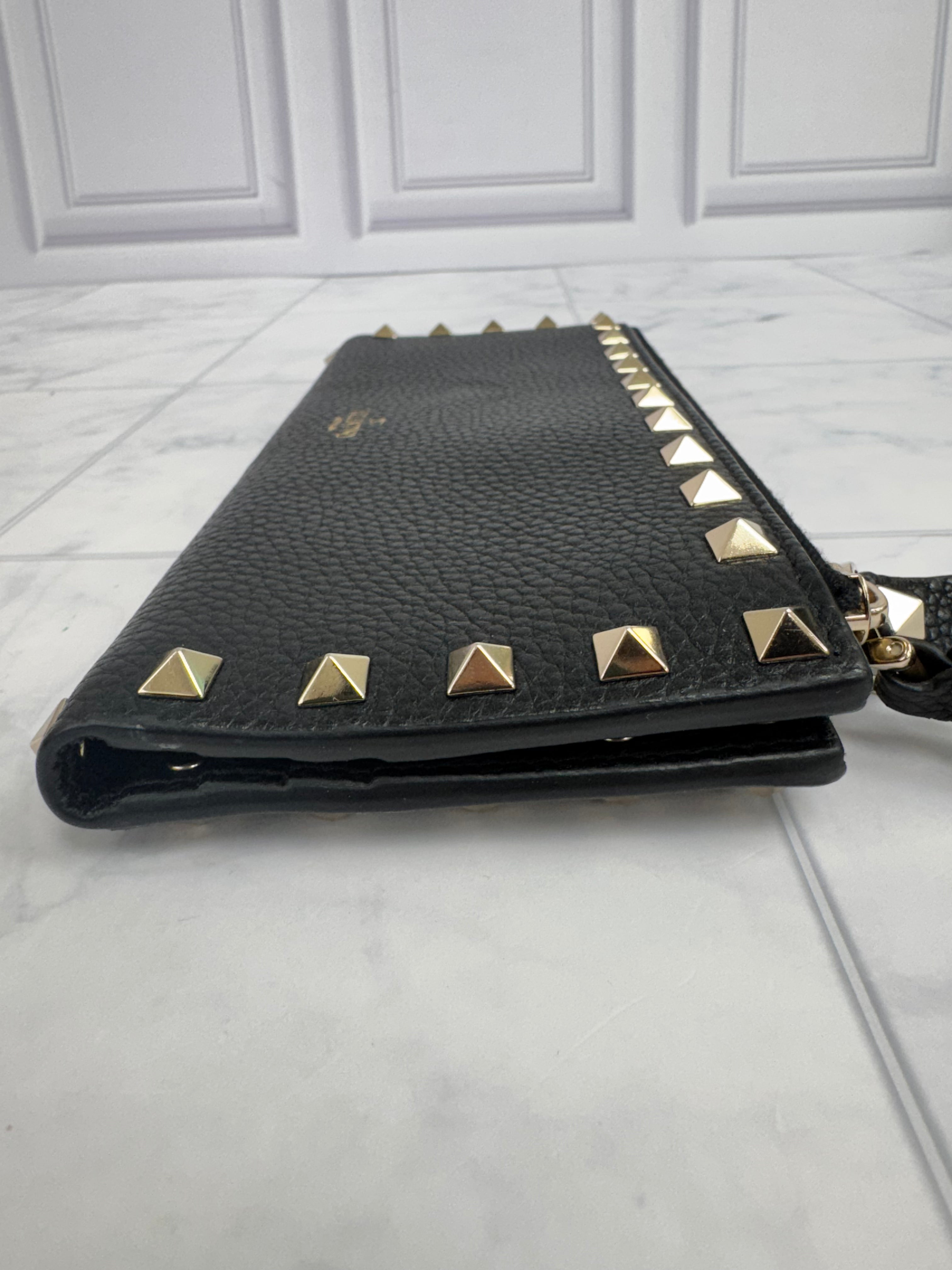 Valentino Black Pebbled Leather Rockstud Double Zip Wallet