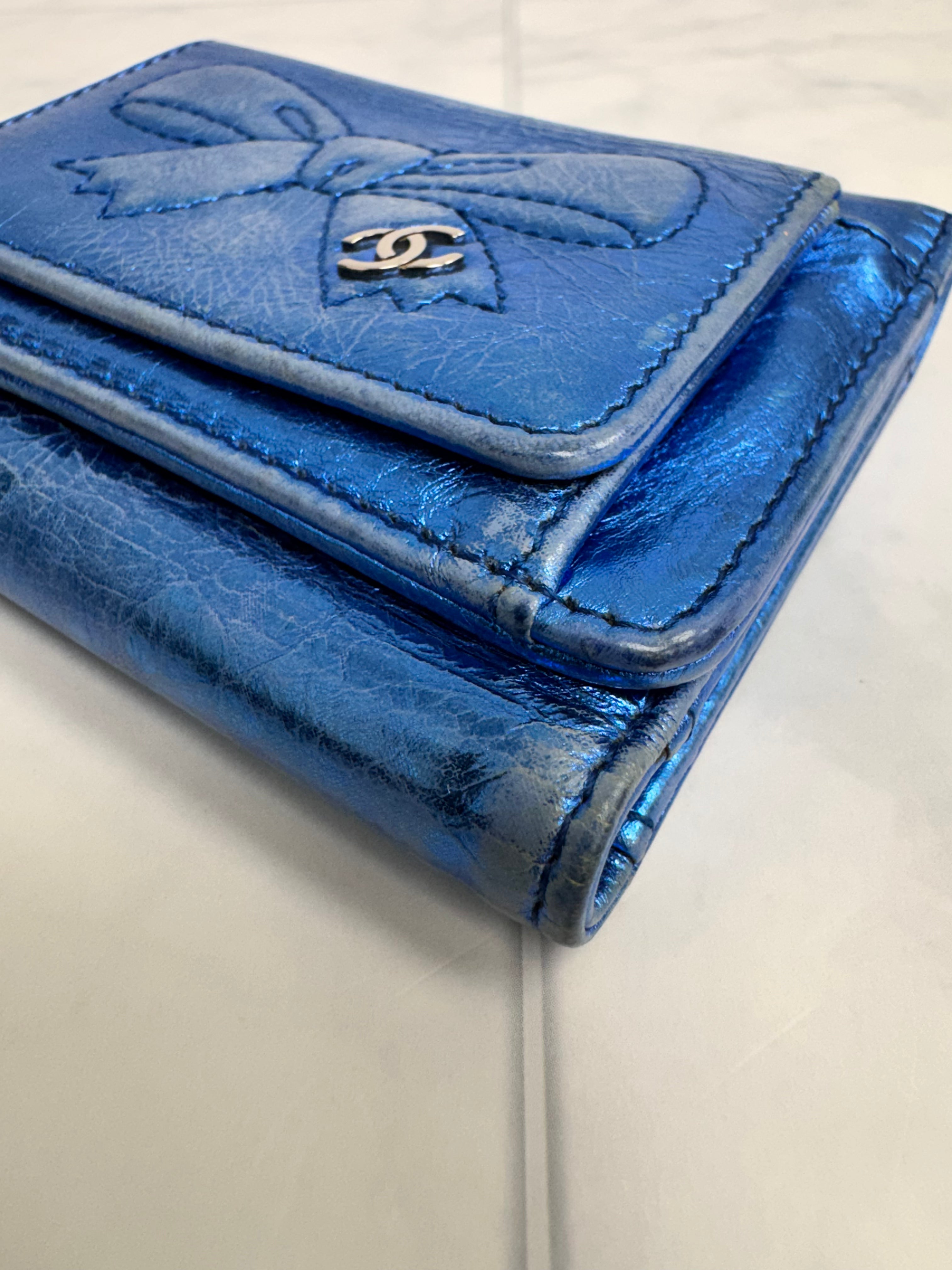 Chanel Metallic Blue Ribbon Compact Wallet