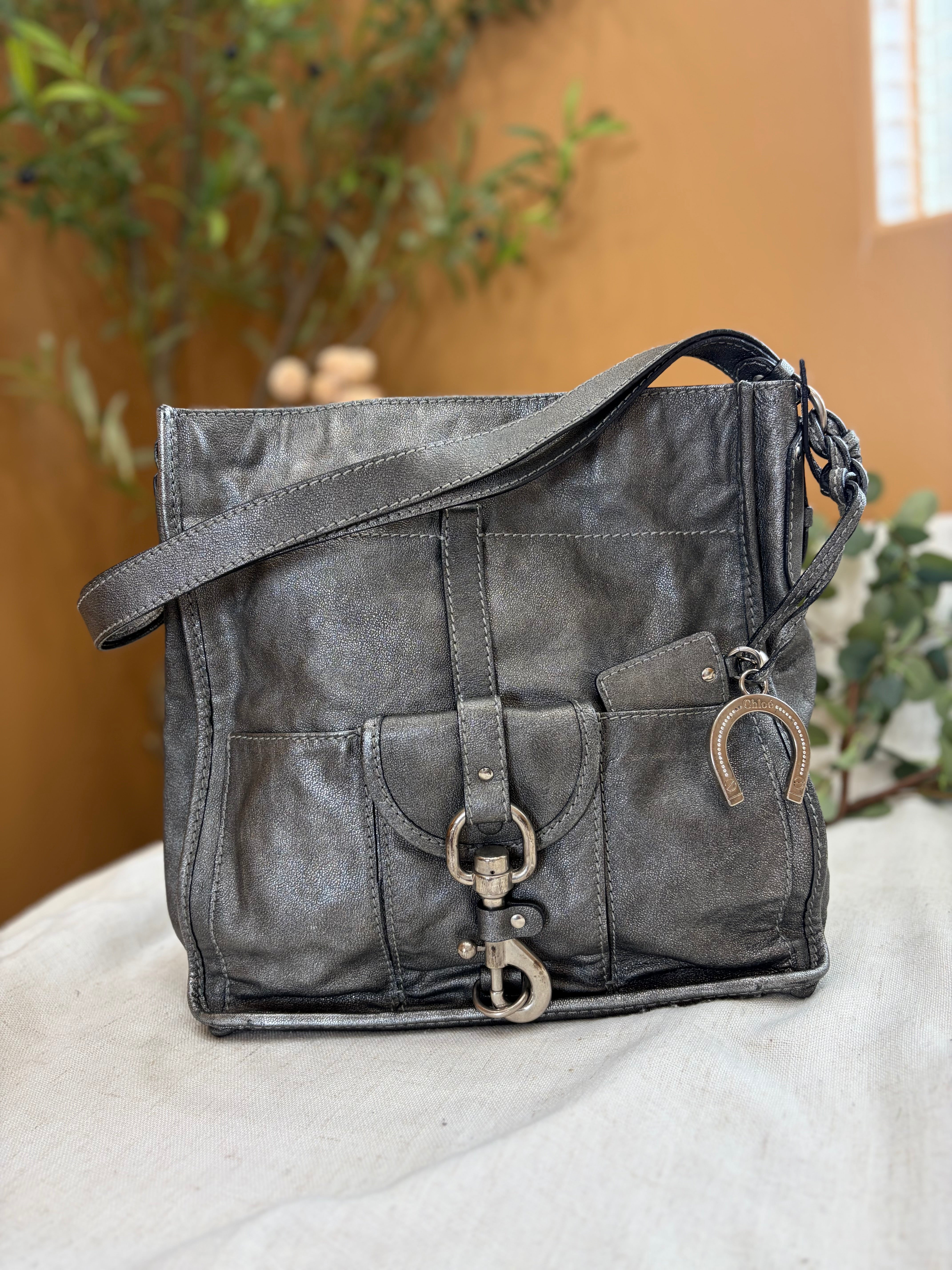 Chloe Metallic Silver Leather Kerala Shoulder Bag