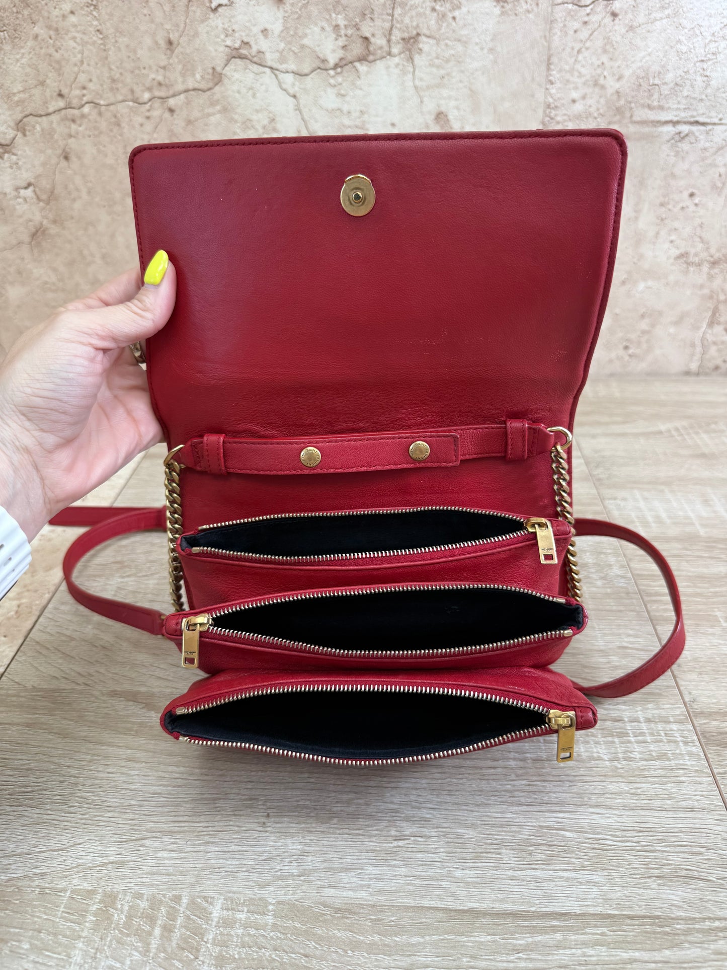 Saint Laurent YSL Red Quilted Leather Angie Chain Crossbody Bag