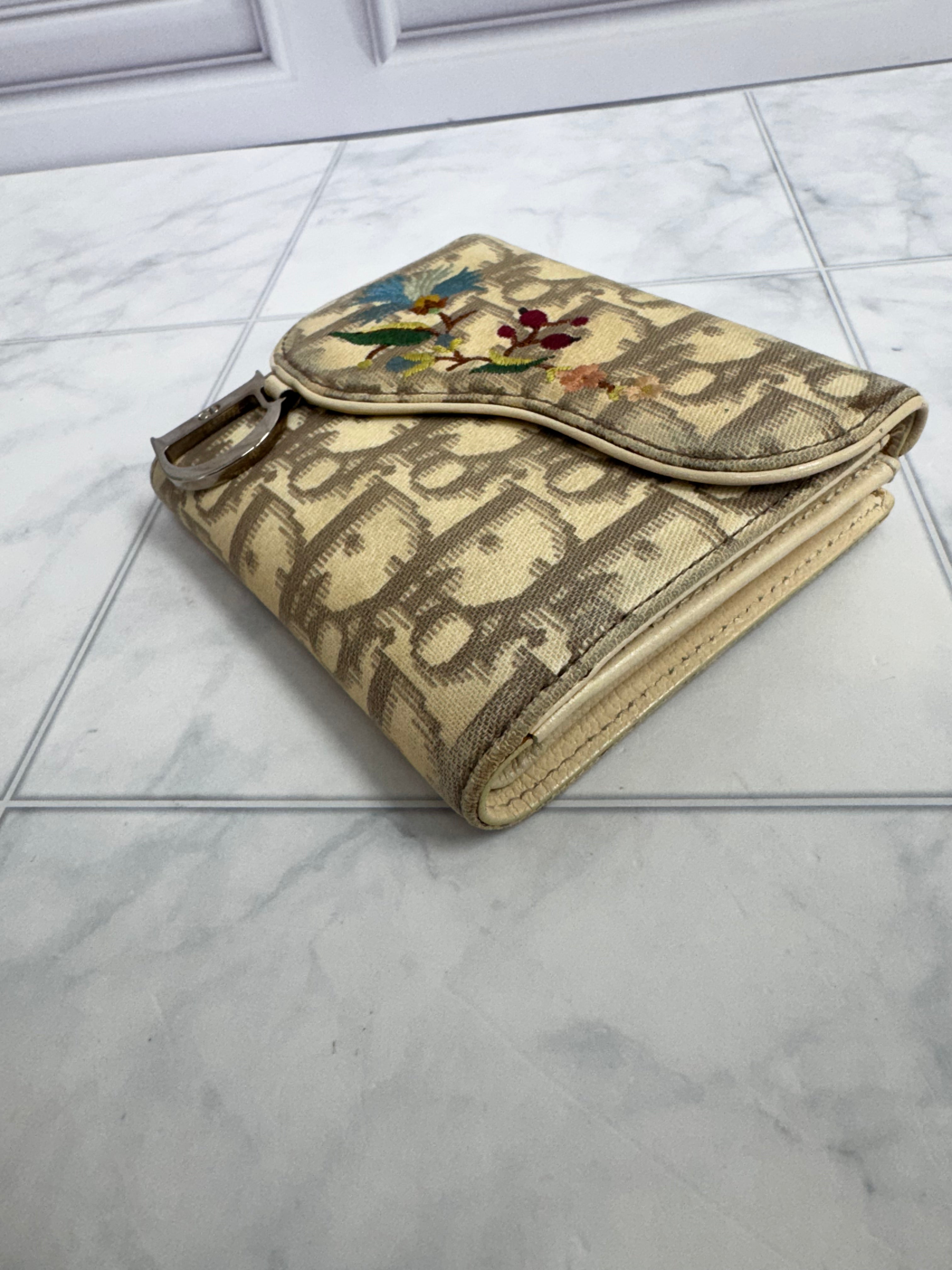 Christian Dior Beige Canvas Floral Embroidered Saddle Compact Wallet