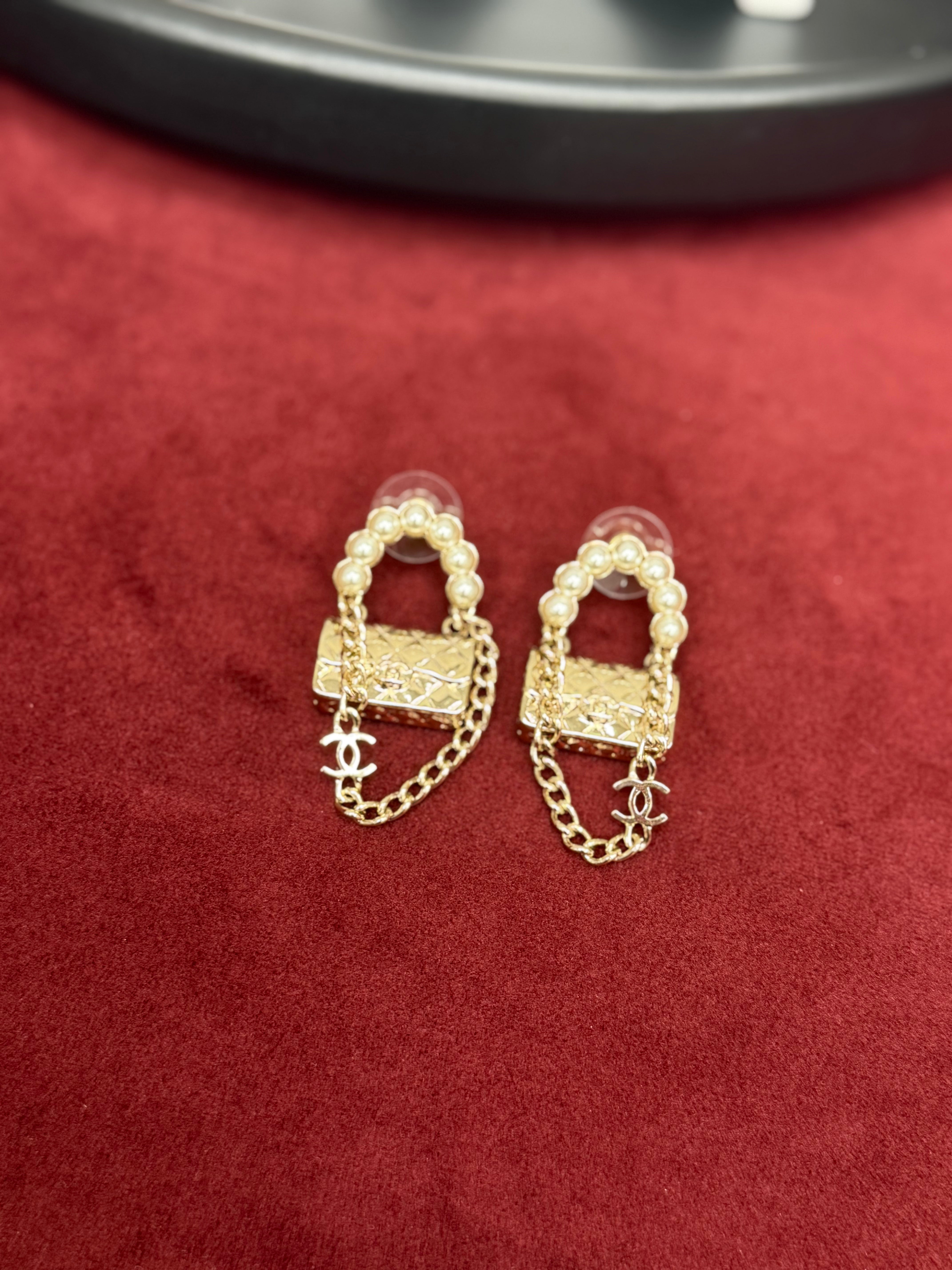 Chanel Faux Pearl & Gold Tone Chained CC Quilted Flap Bag Earrings